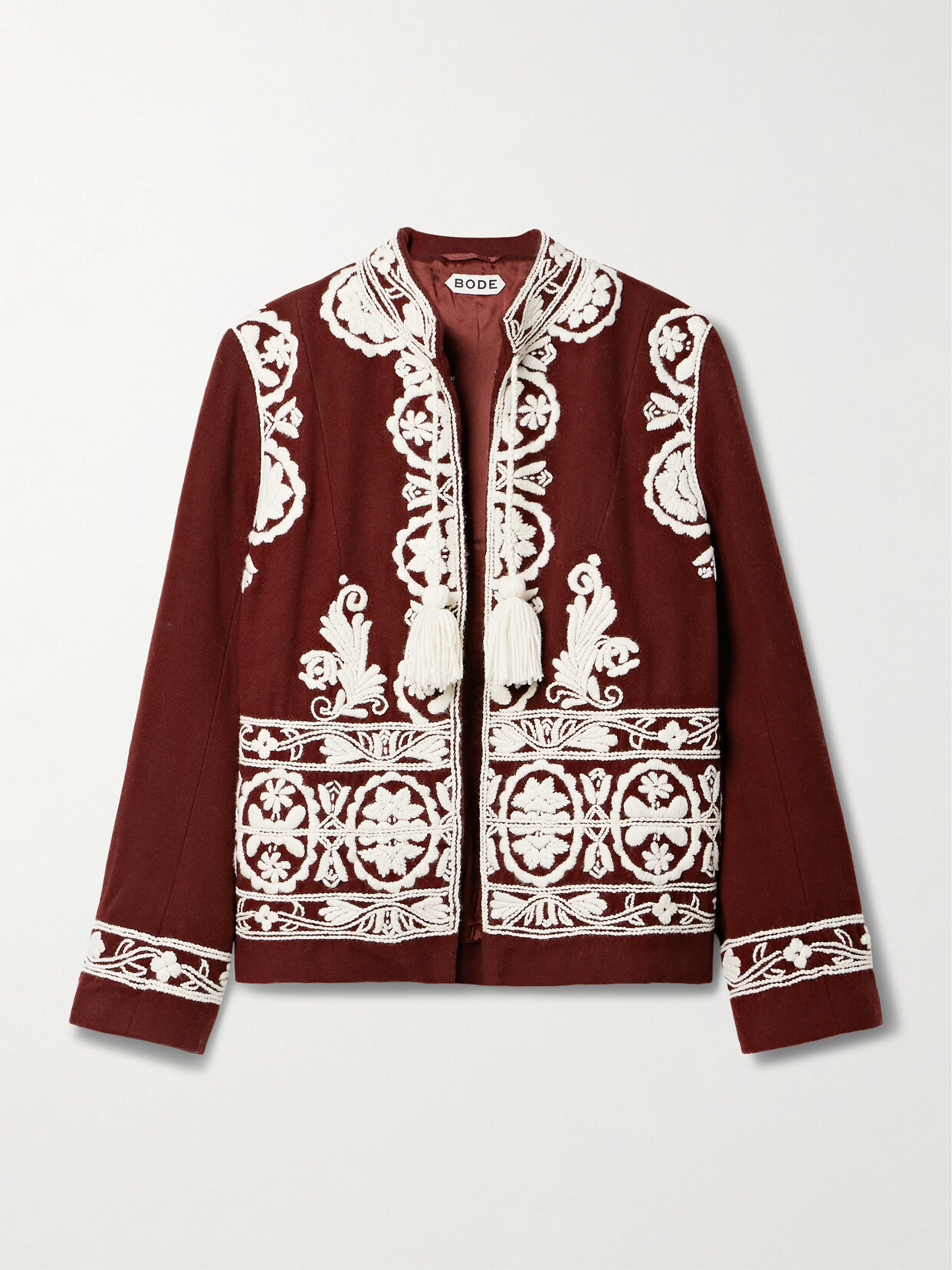 Bode Estate Tasseled Embroidered Wool-felt Jacket In Burgundy