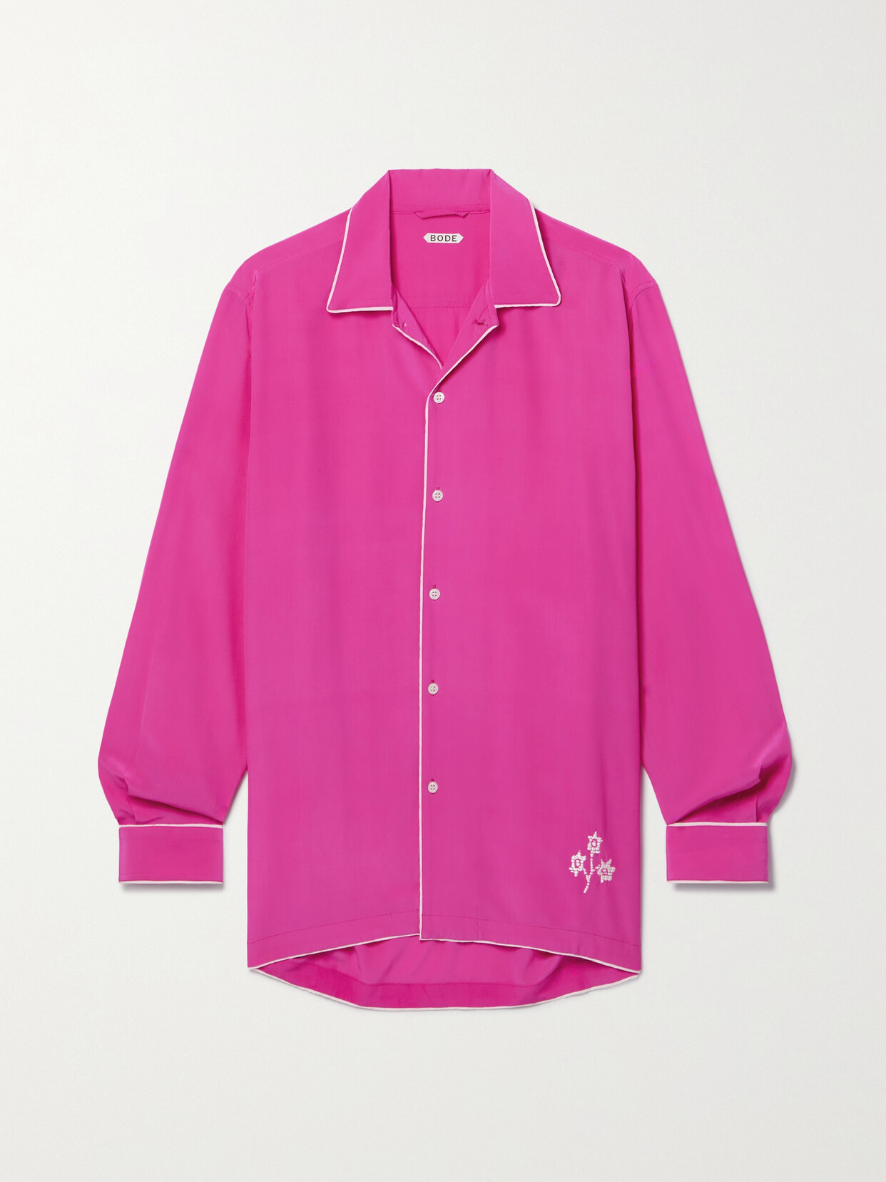 Bode Shadow Jasmine Piped Embroidered Silk Blouse In Fuchsia