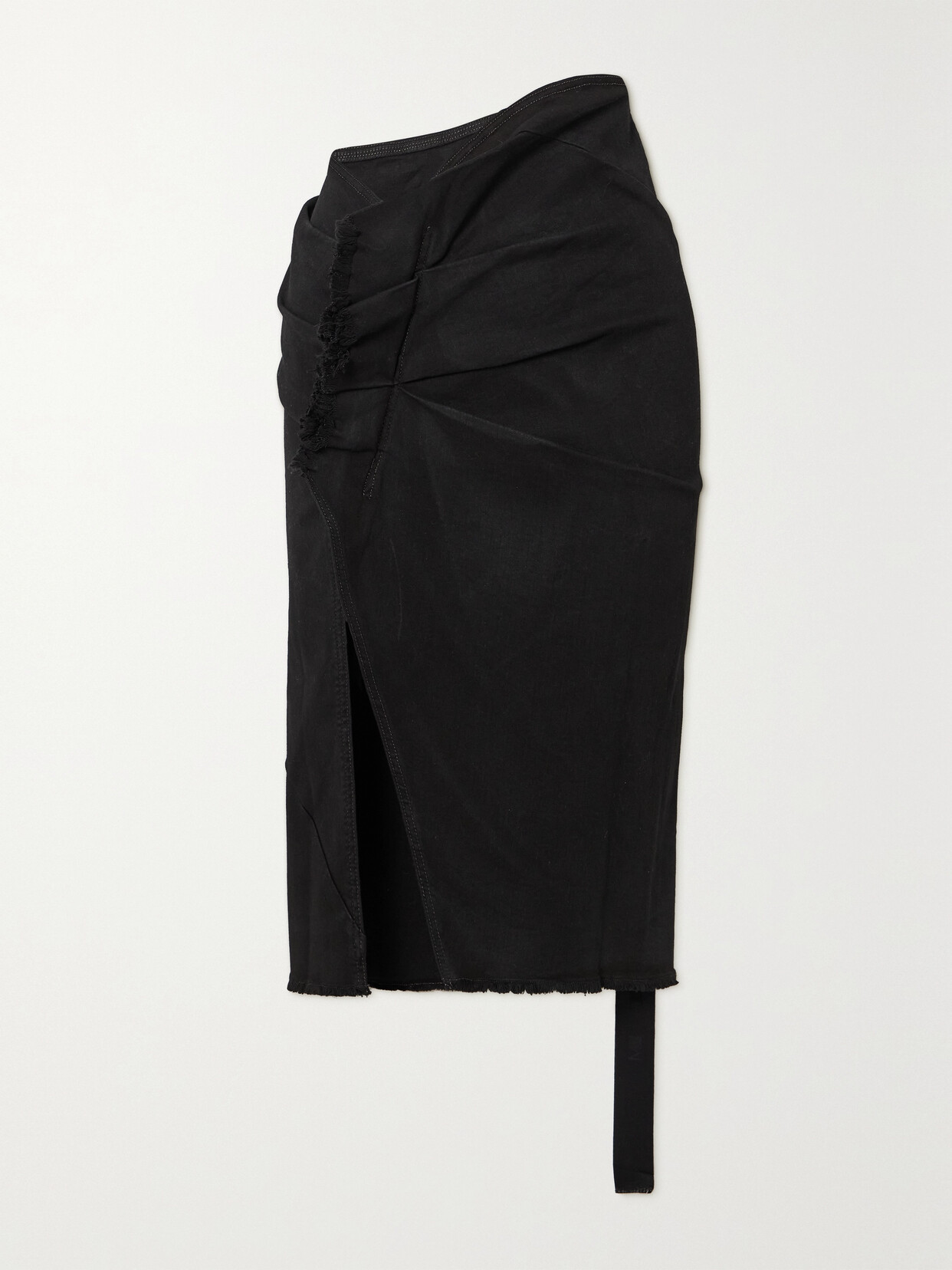 Rick Owens Drkshdw Asymmetric Gathered Frayed Denim Midi Skirt In Black