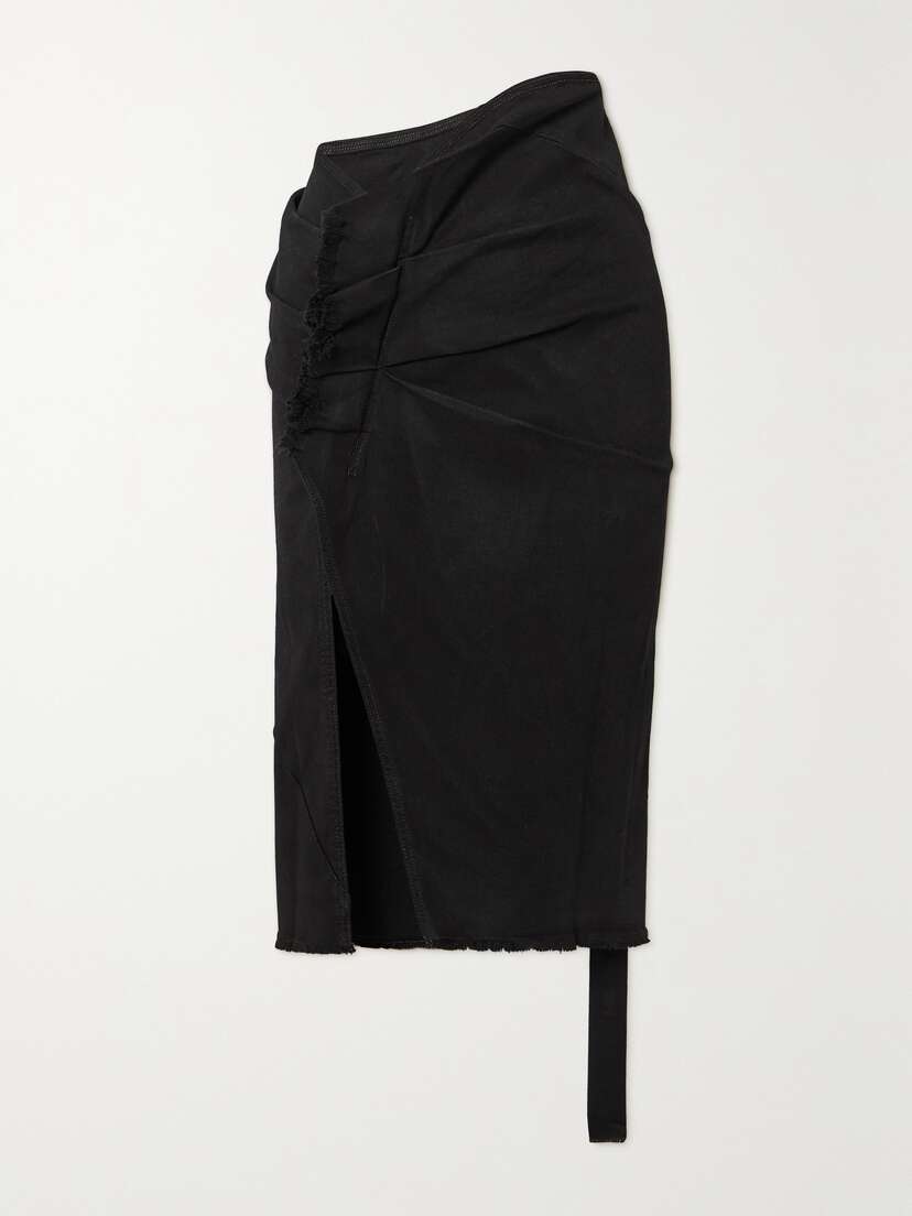 Rick Owens Drkshdw Asymmetric Gathered Frayed Denim Midi Skirt