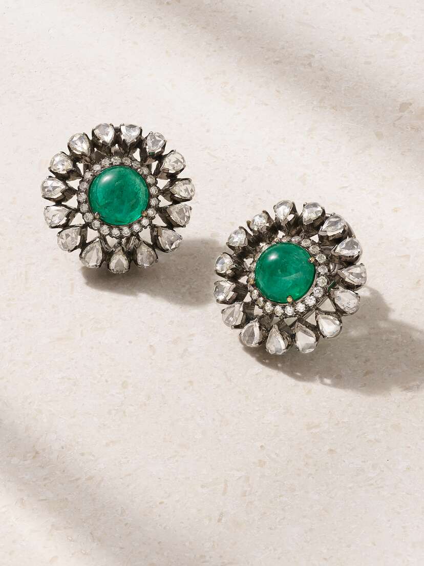 Amrapali London Rajasthan 18-karat White Gold, Sterling Silver, Emerald And Diamond Earrings