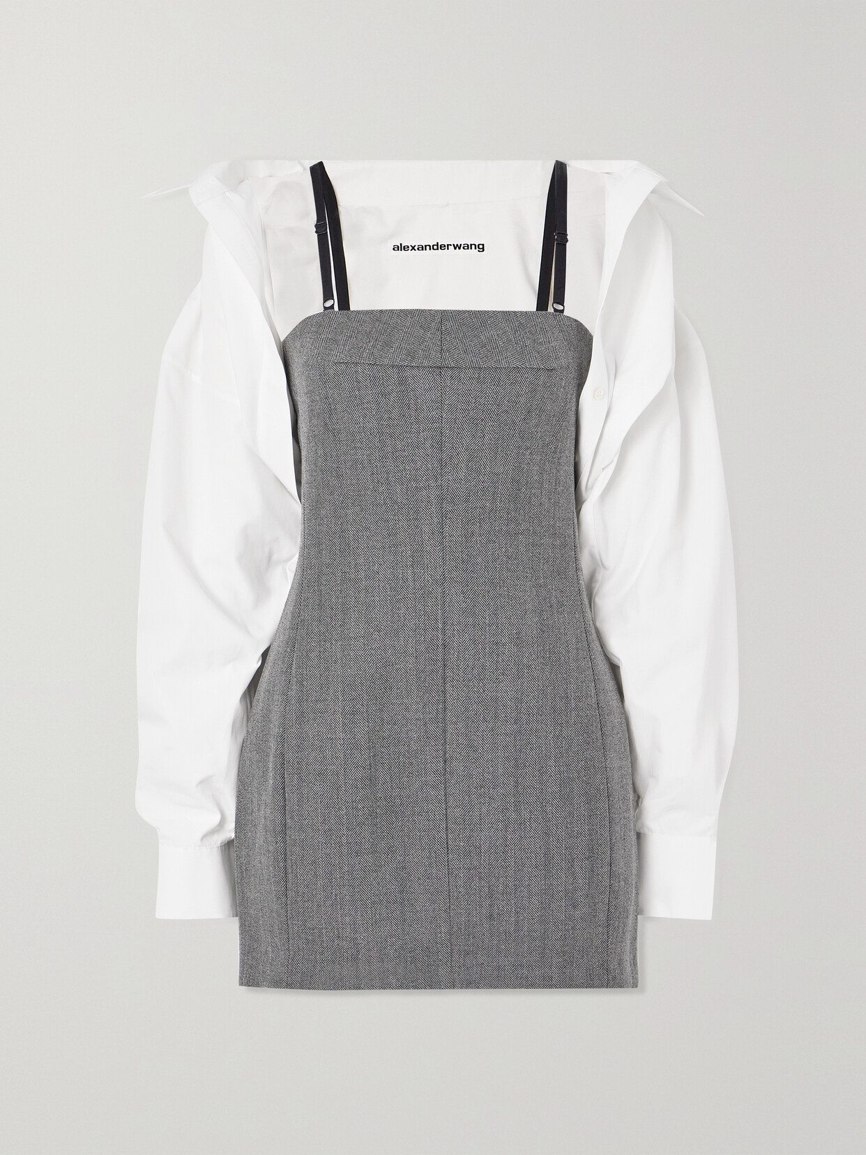 ALEXANDER WANG LAYERED HERRINGBONE WOOL AND COTTON-POPLIN MINI DRESS