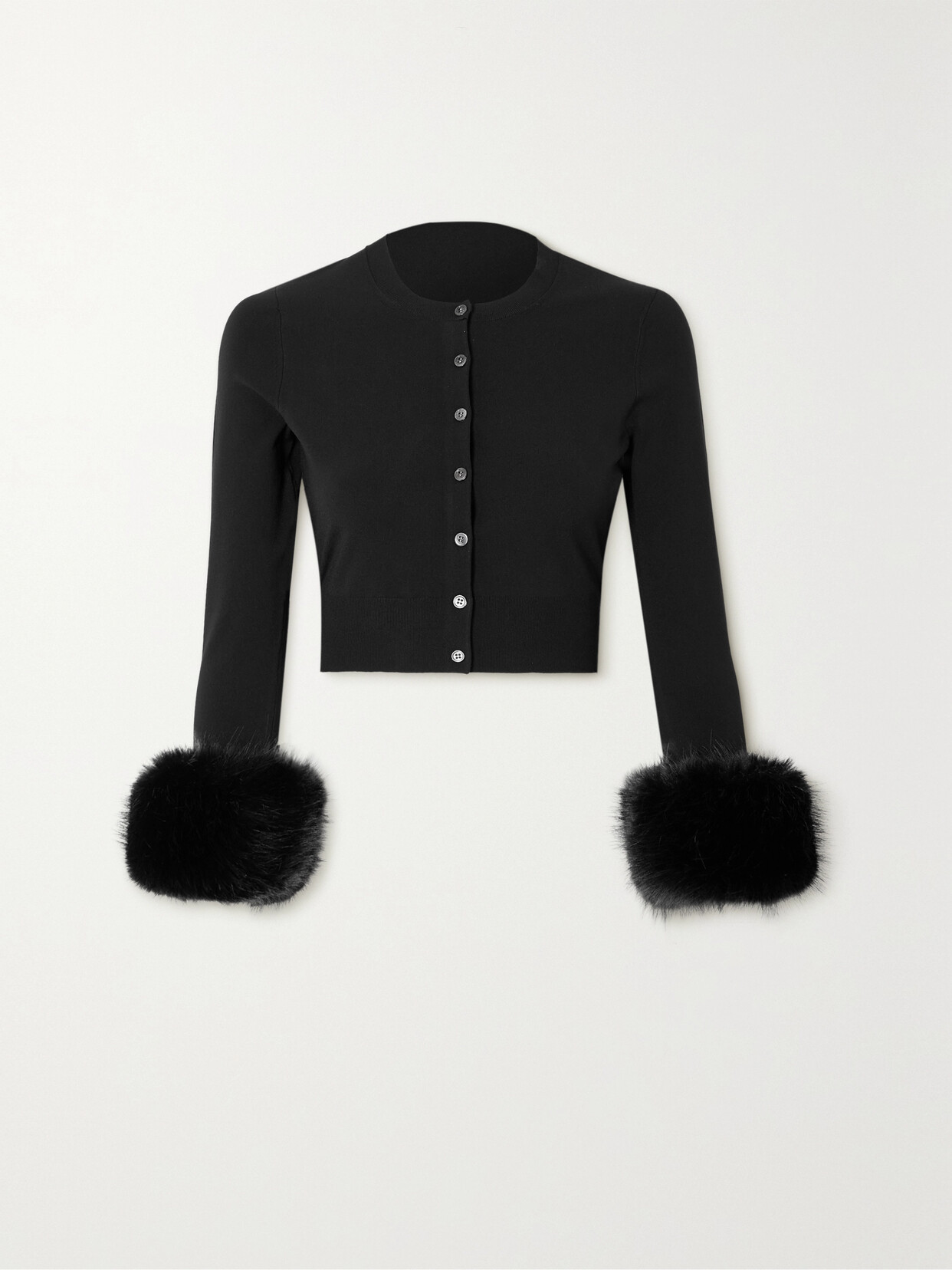 Shop Alexander Wang Cropped Faux Fur-trimmed Stretch-knit Cardigan In Black