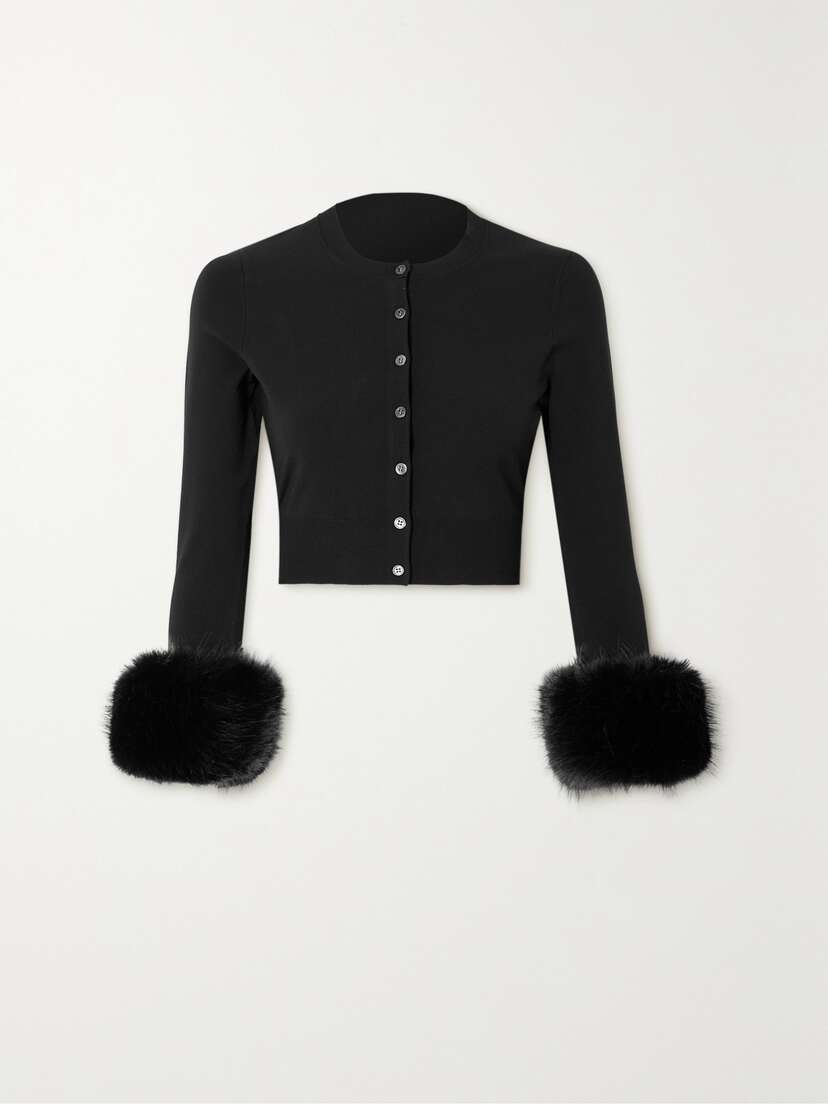 Alexander Wang Cropped Faux Fur-trimmed Stretch-knit Cardigan