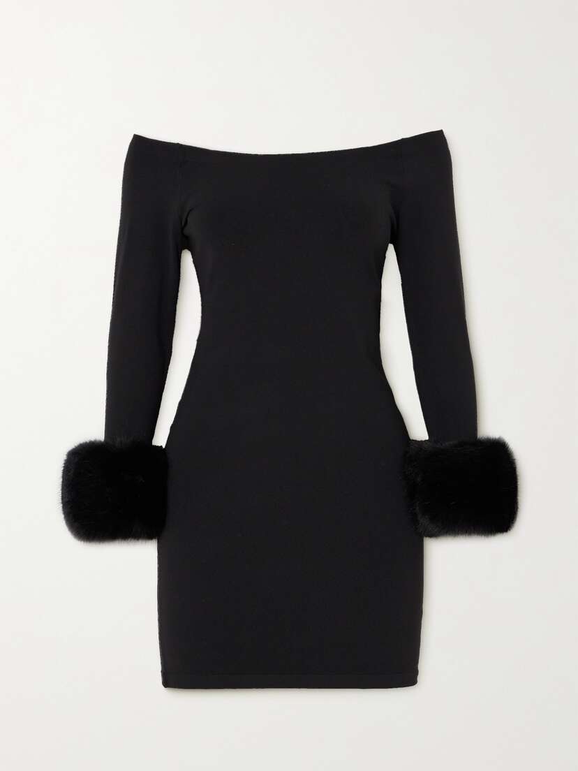 Alexander Wang Off-the-shoulder Faux Fur-trimmed Stretch-jersey Mini Dress