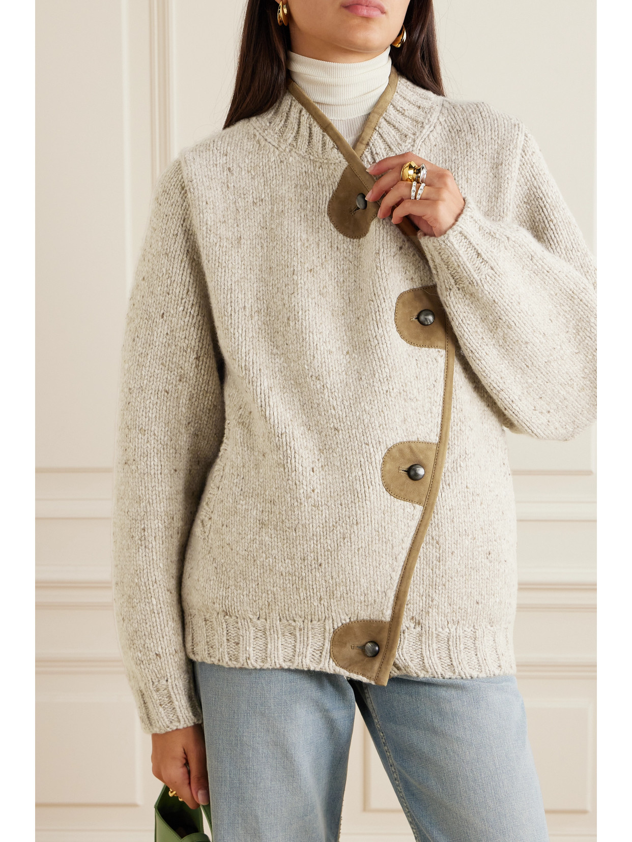 Loro Piana Newcastle Asymmetric Suede-trimmed Wool And Cashmere-blend Cardigan In Neutrals