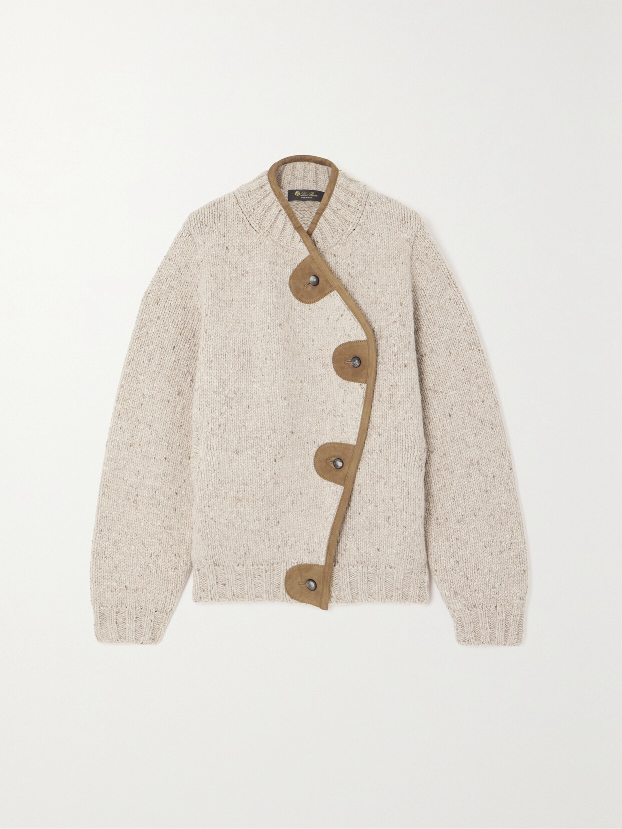 Loro Piana Newcastle Asymmetric Suede-trimmed Wool And Cashmere-blend Cardigan In Neutrals