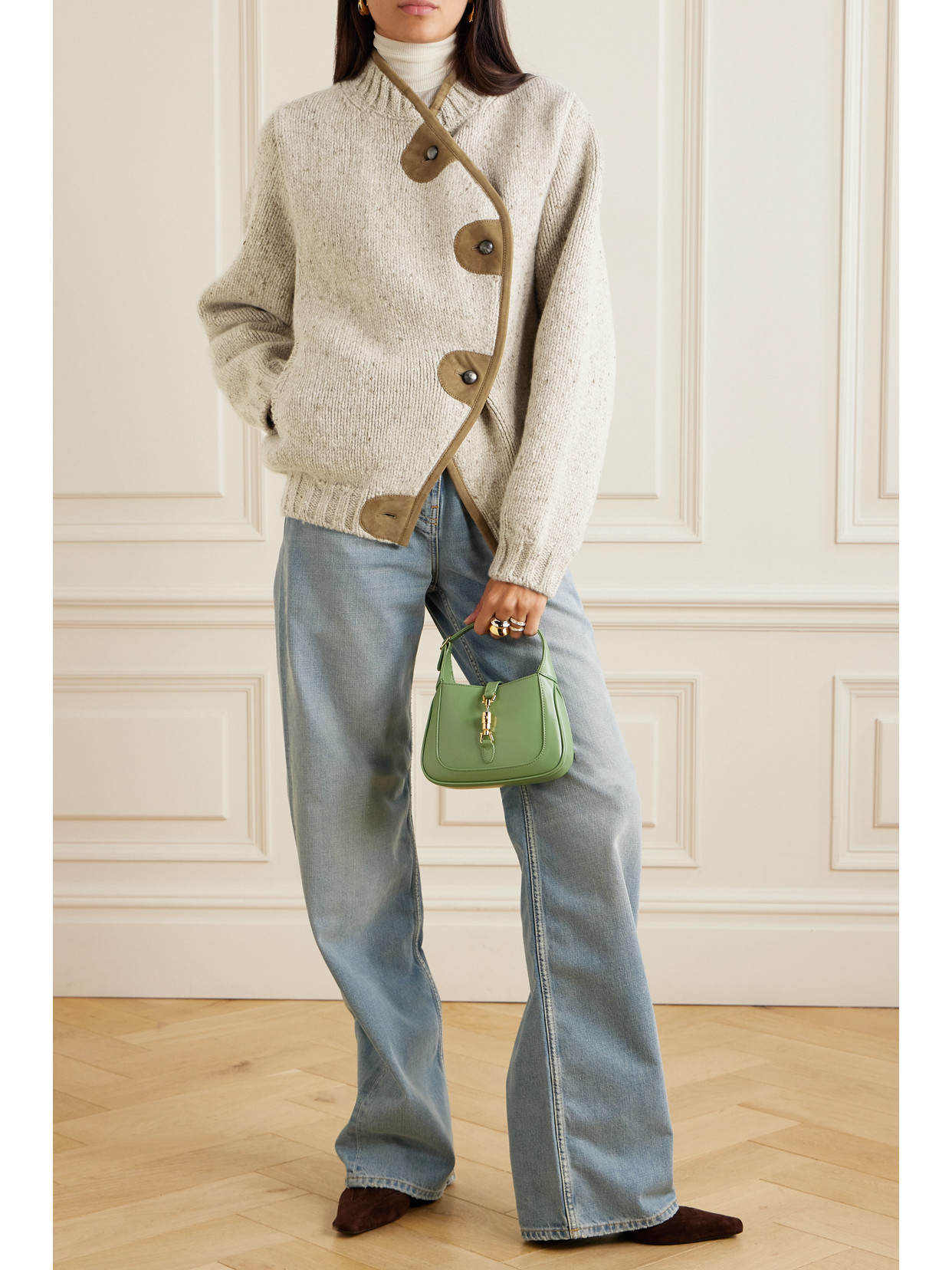 Loro Piana Newcastle Asymmetric Suede-trimmed Wool And Cashmere-blend Cardigan In Neutrals