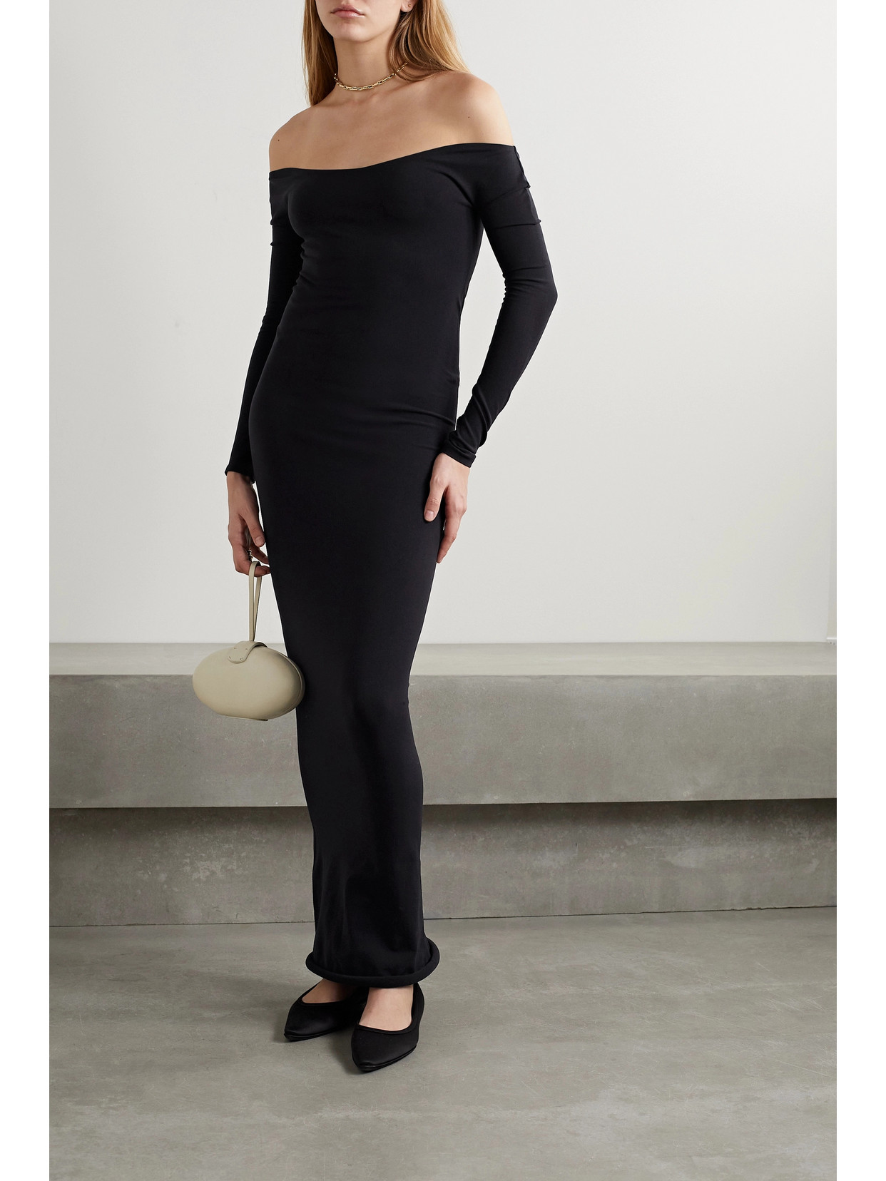 Shop The Row Curitiba Off-the-shoulder Stretch-ponte Maxi Dress In Black