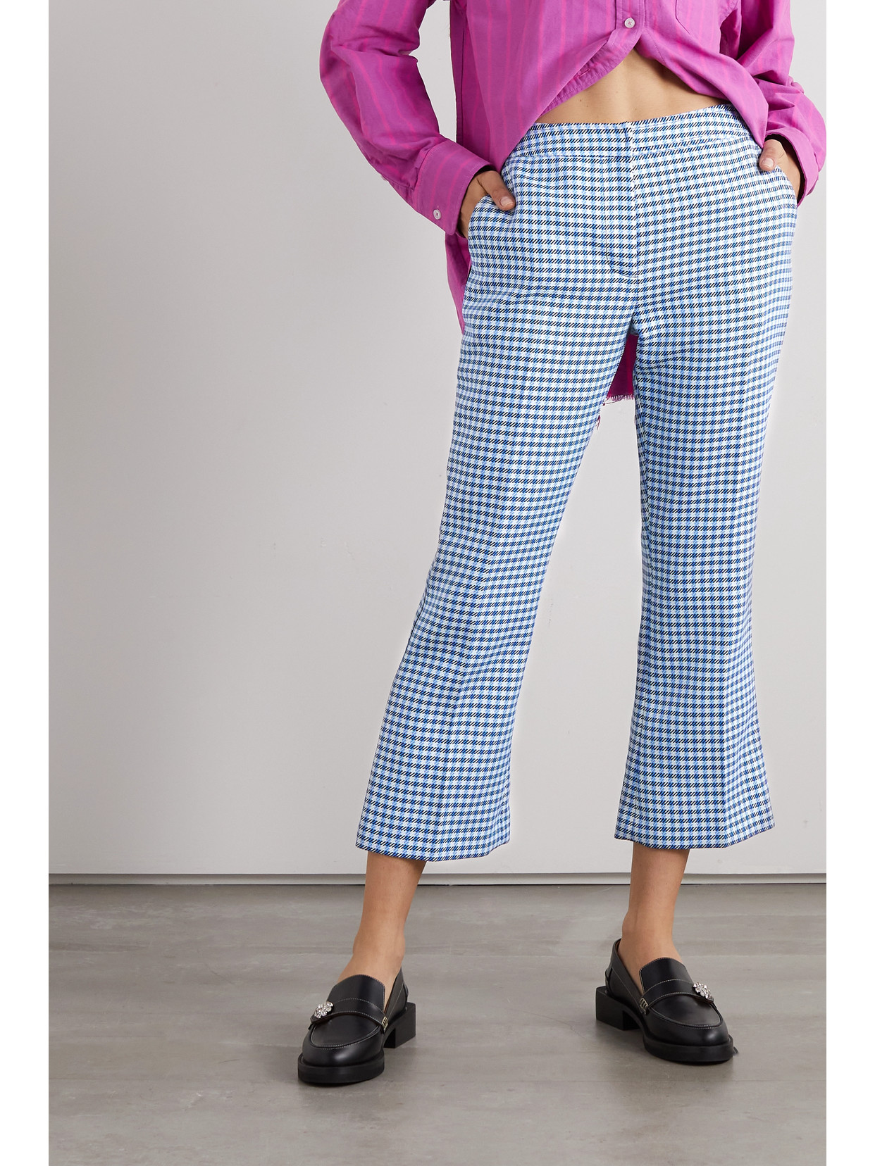Marni Plaid Stiched Crop Flared Pants In Blue