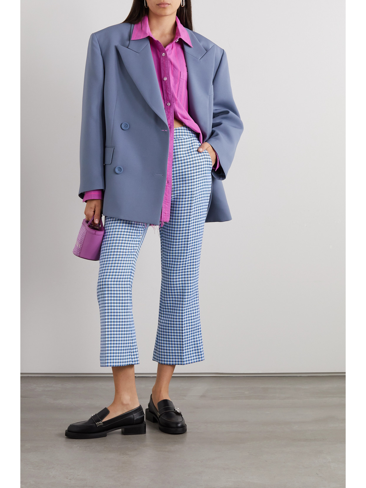 Shop Marni Cropped Gingham Woven Flared Pants In Blue