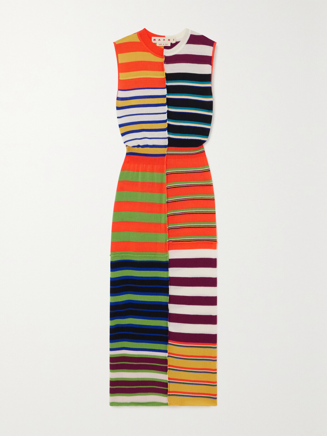 MARNI PATCHWORK STRIPED WOOL MIDI DRESS