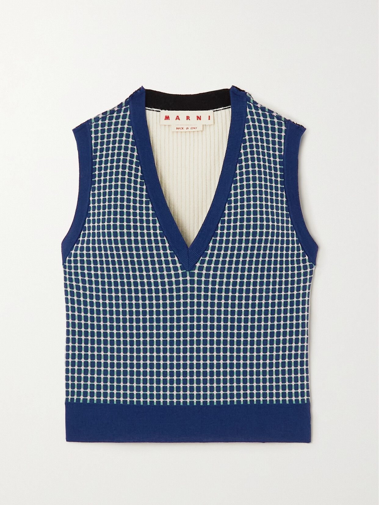 Marni - Paneled Checked Wool-blend Jacquard And Ribbed-knit Sweater - Blue