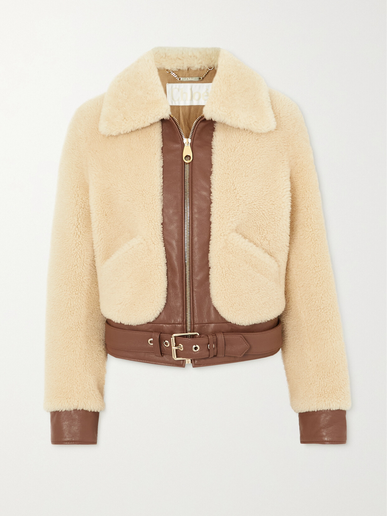 Chloé - Belted Leather-trimmed Shearling Jacket - Cream