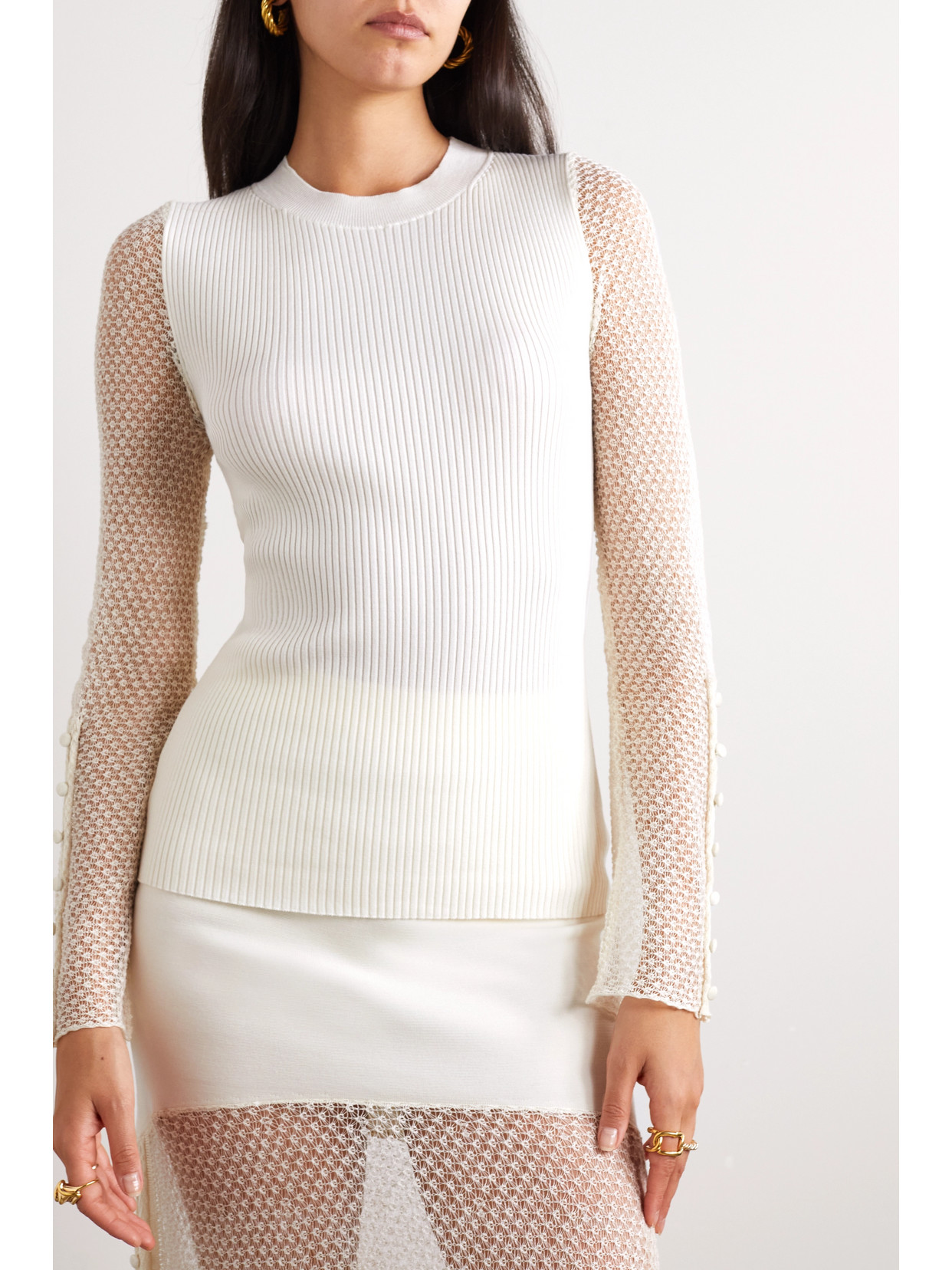 Chloé - Ribbed Wool-Blend And Pointelle-Knit Linen-Blend Top