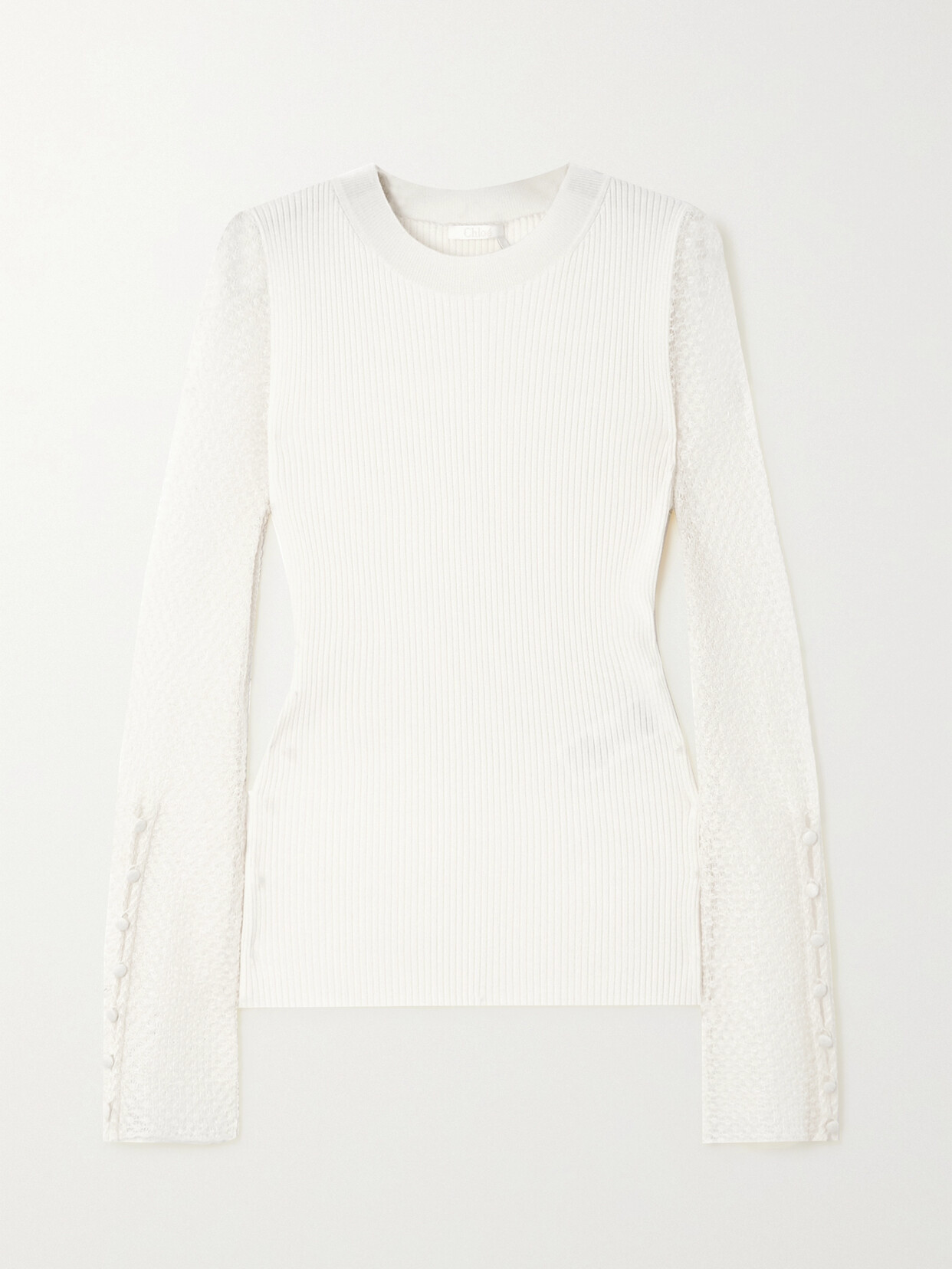 Chloé Ribbed Wool-blend And Pointelle-knit Linen-blend Top In White