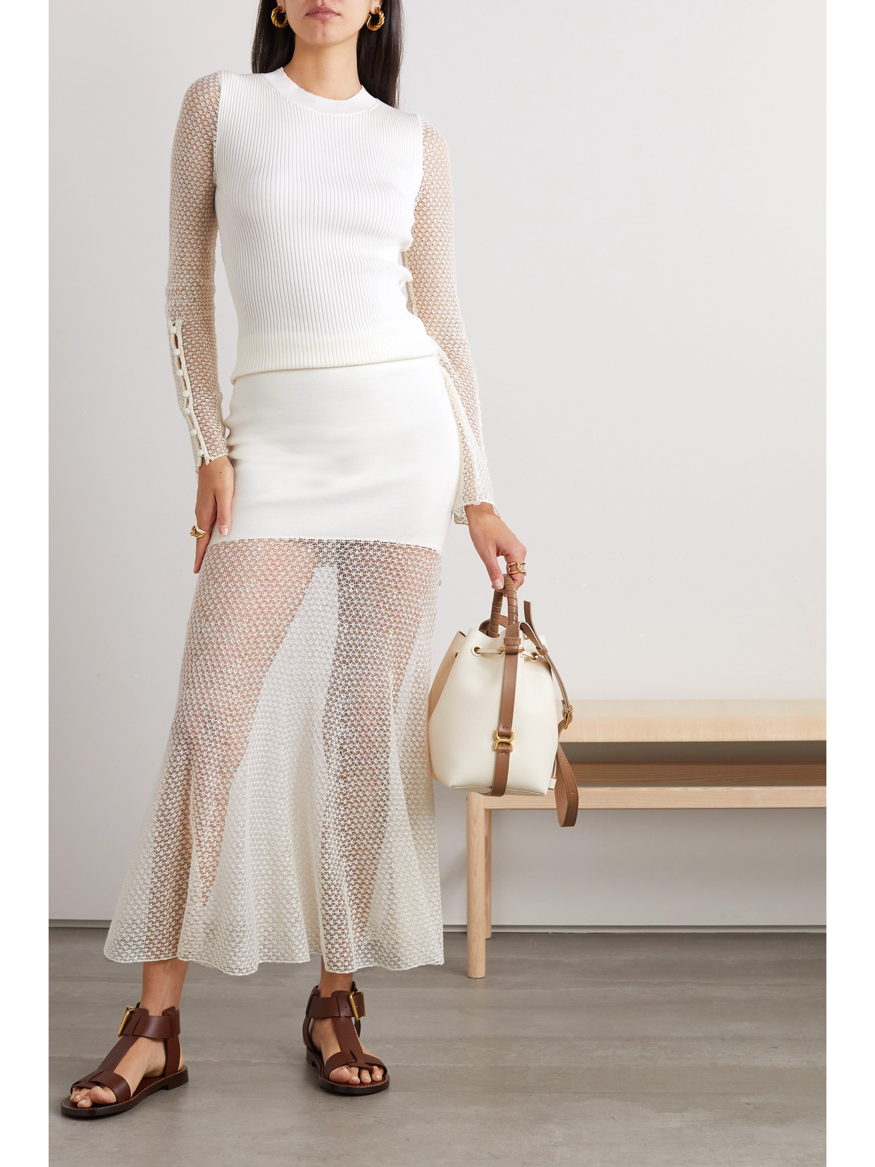 Chloé - Ribbed Wool-Blend And Pointelle-Knit Linen-Blend Top
