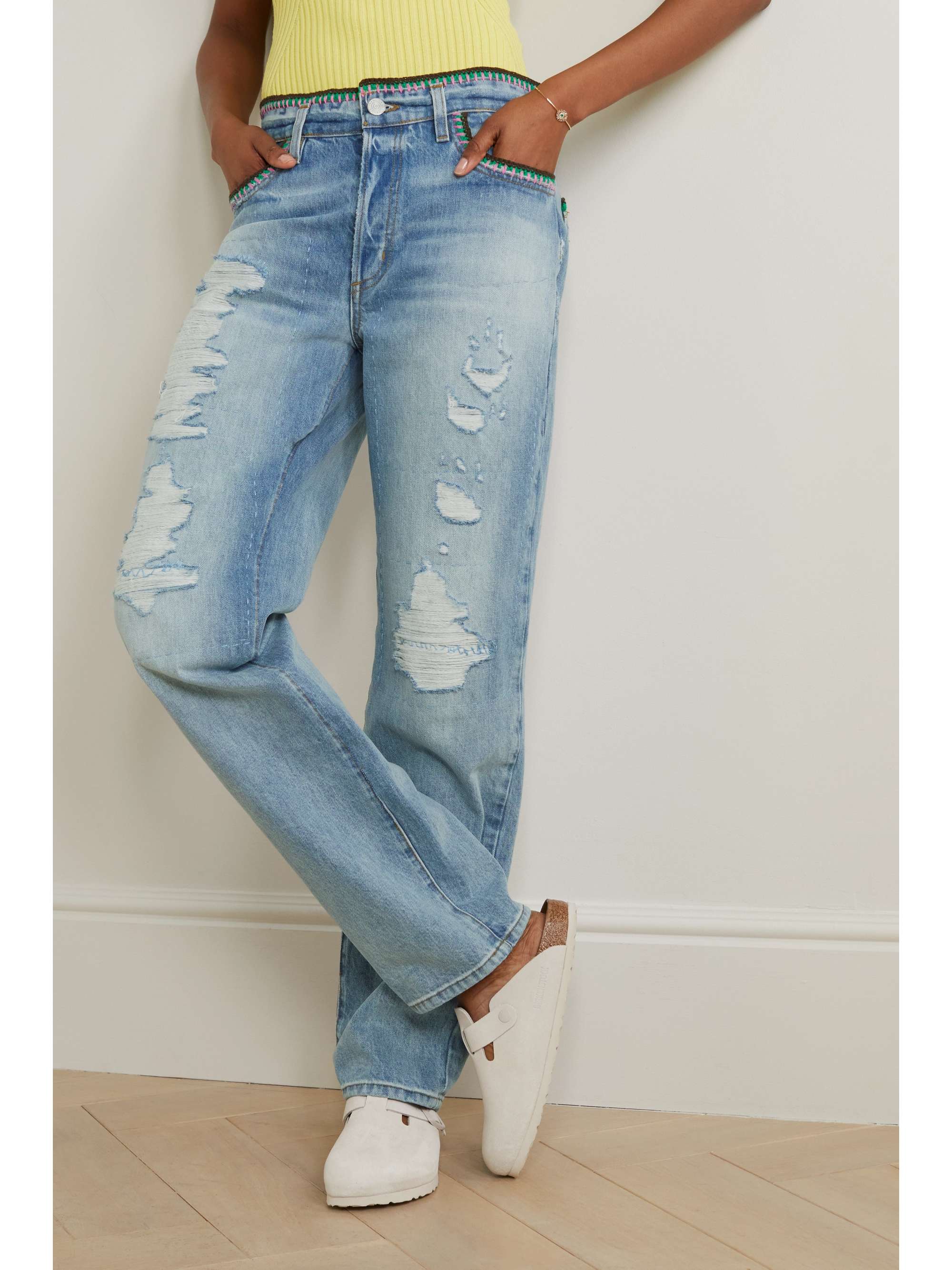 FRAME + Julia Sarr-Jamois crochet-trimmed distressed low-rise boyfriend jeans