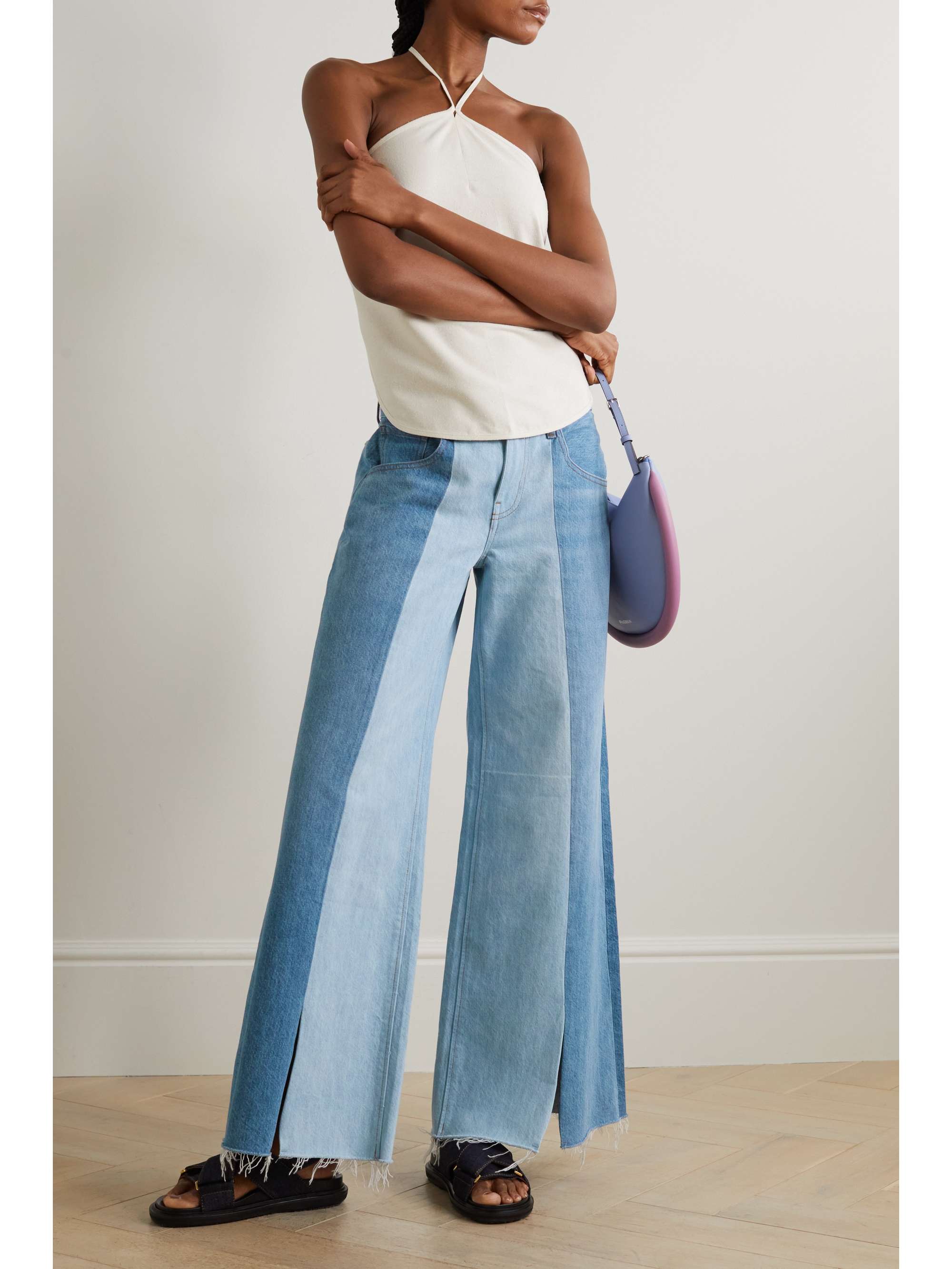 Paneled two-tone high-rise wide-leg jeans