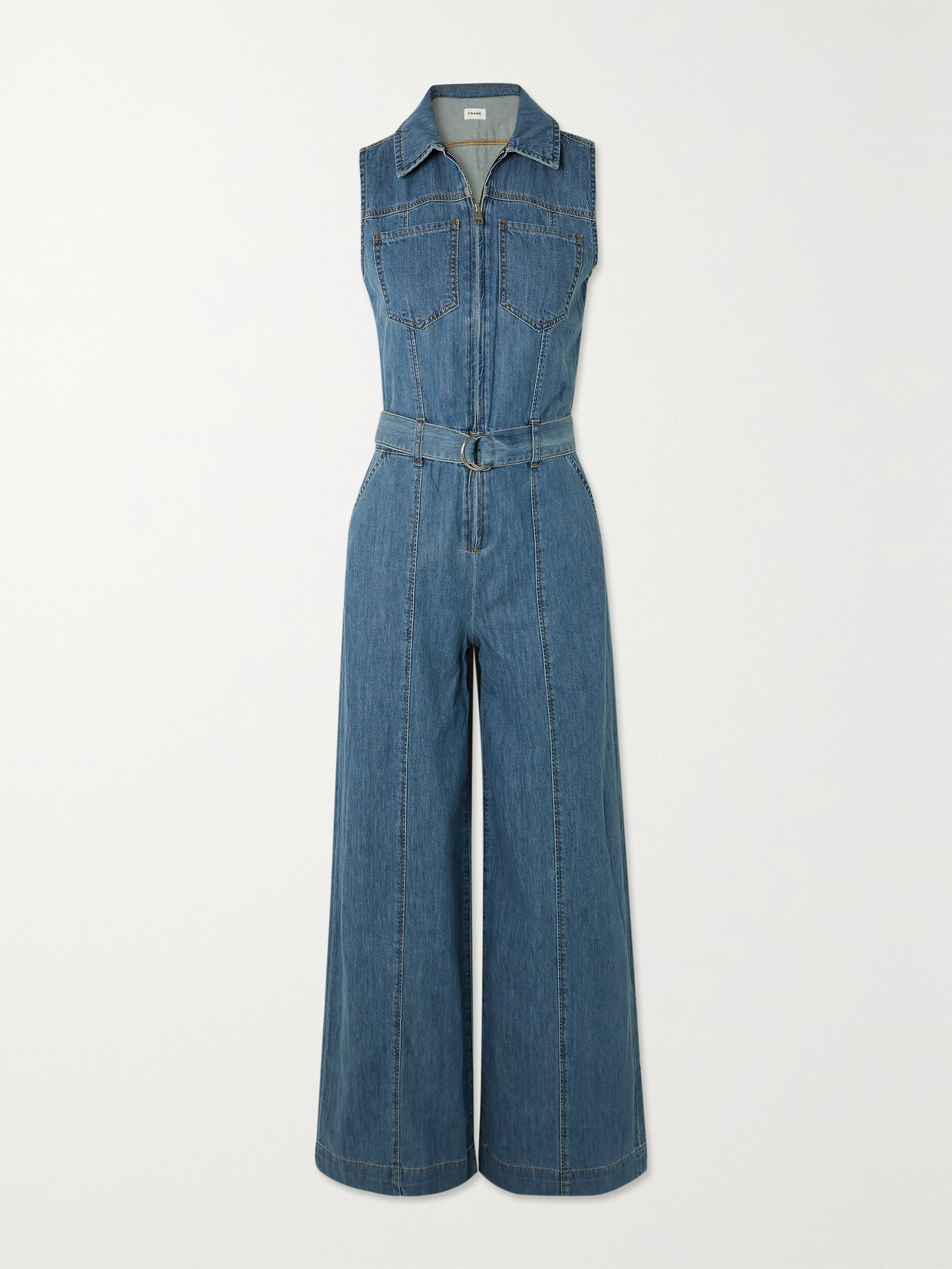 Shop Frame Belted Denim Jumpsuit In Blue