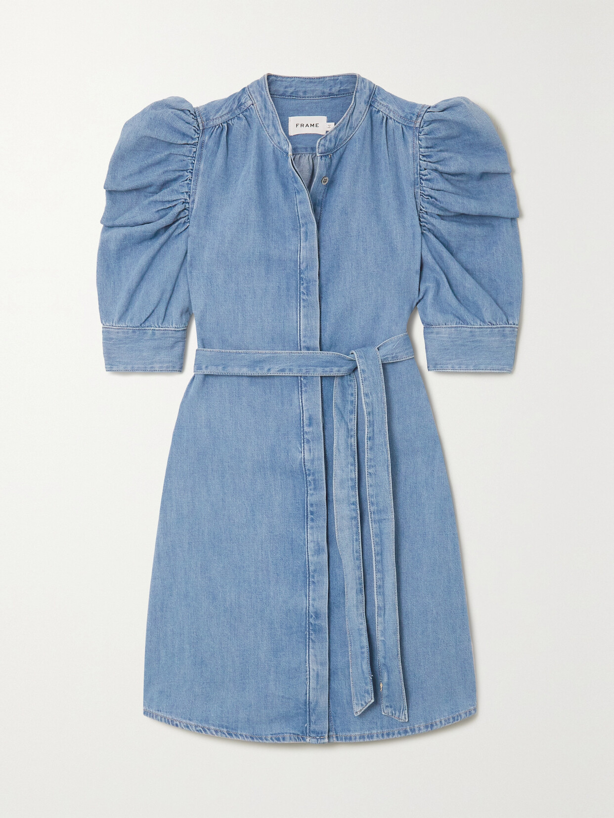 FRAME Belted Cotton-chambray Mini Dress - Blue