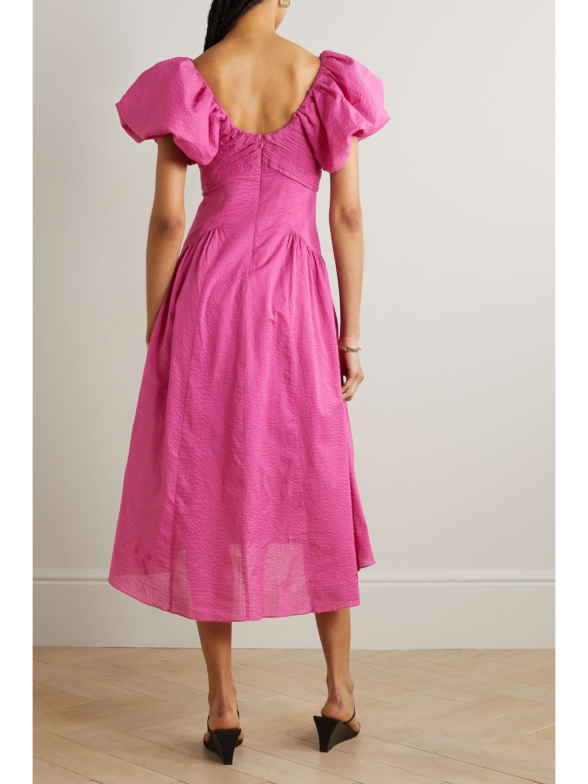 FRAME Ruched asymmetric texturedcotton midi dress NETAPORTER