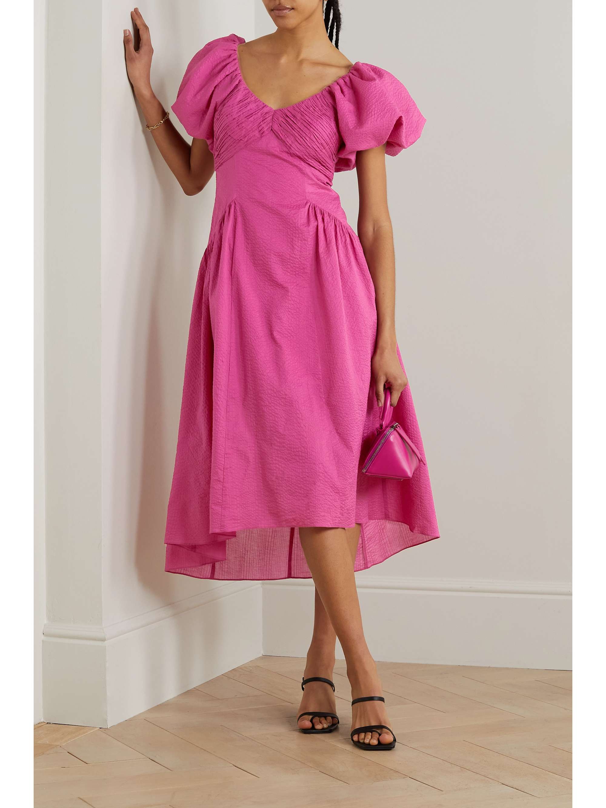 FRAME Ruched asymmetric texturedcotton midi dress NETAPORTER