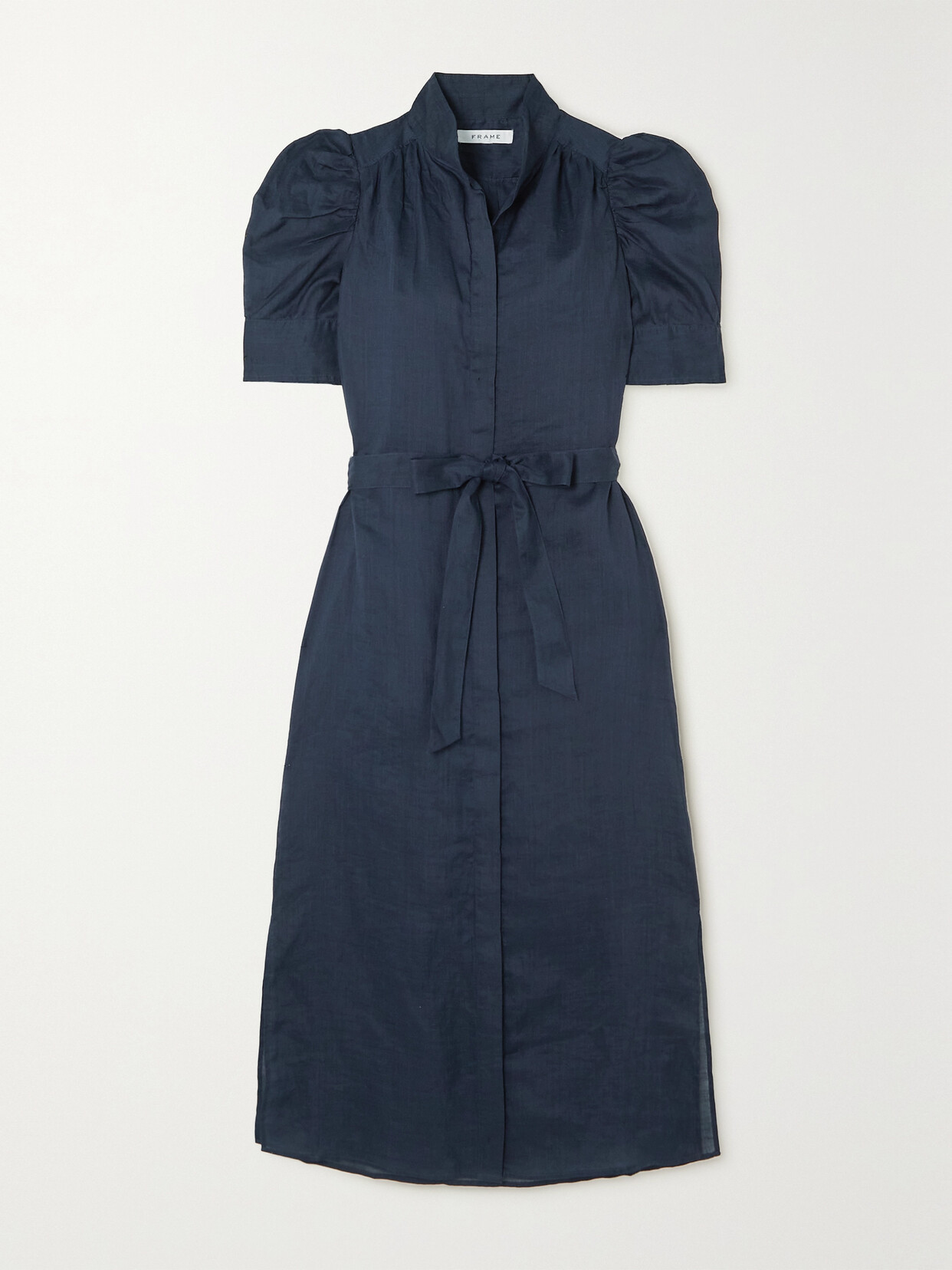 FRAME - Gillian Belted Ramie Midi Shirt Dress - Blue