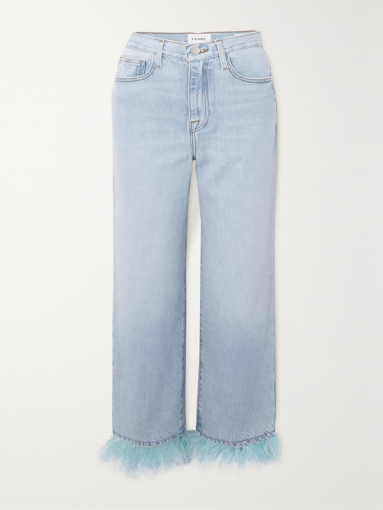 FRAME - Le Dancing Jane Cropped Faux Feather-trimmed High-rise Straight-leg Jeans - Blue