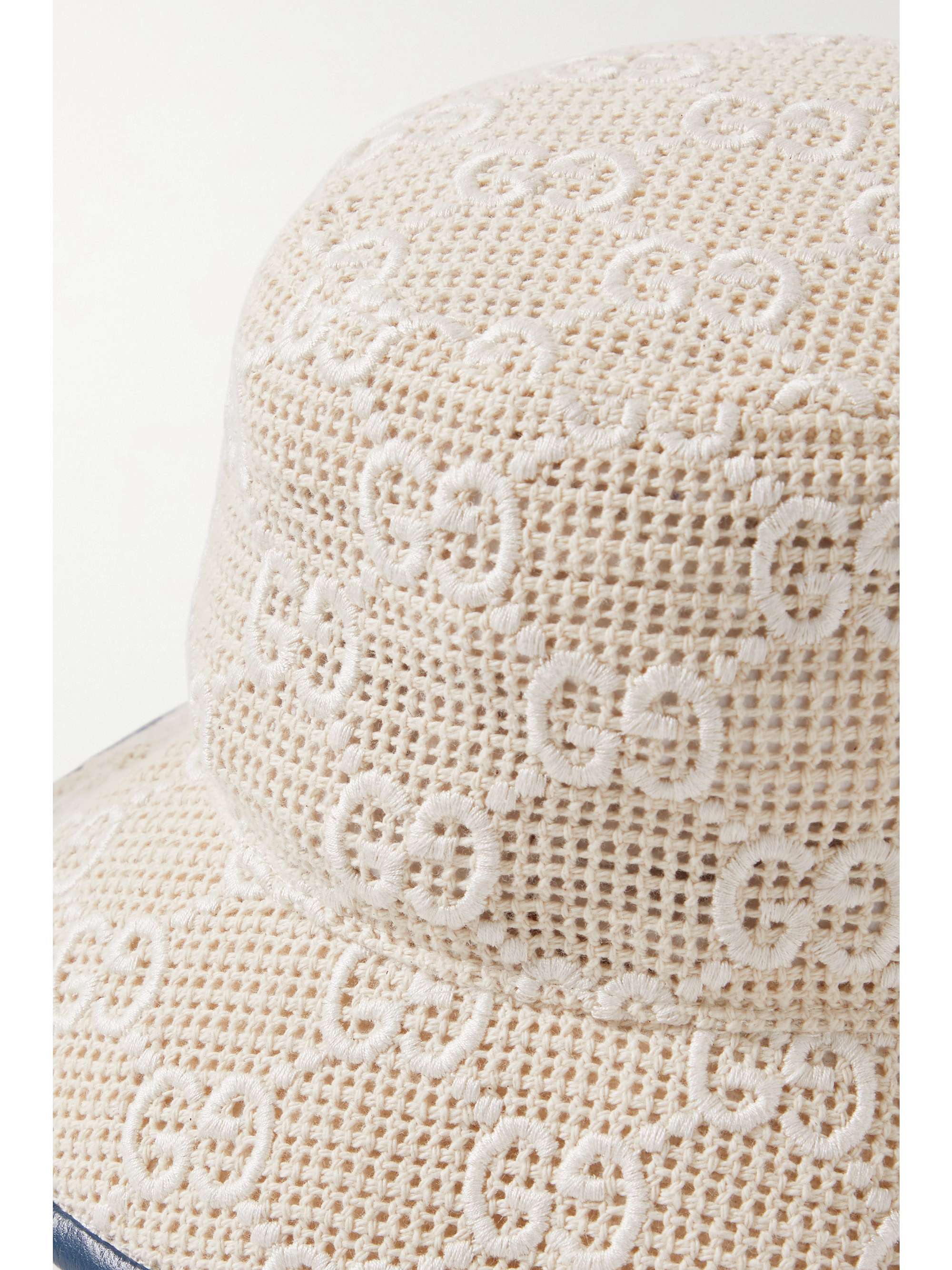 GUCCI Leather-trimmed embroidered cotton-crochet bucket hat