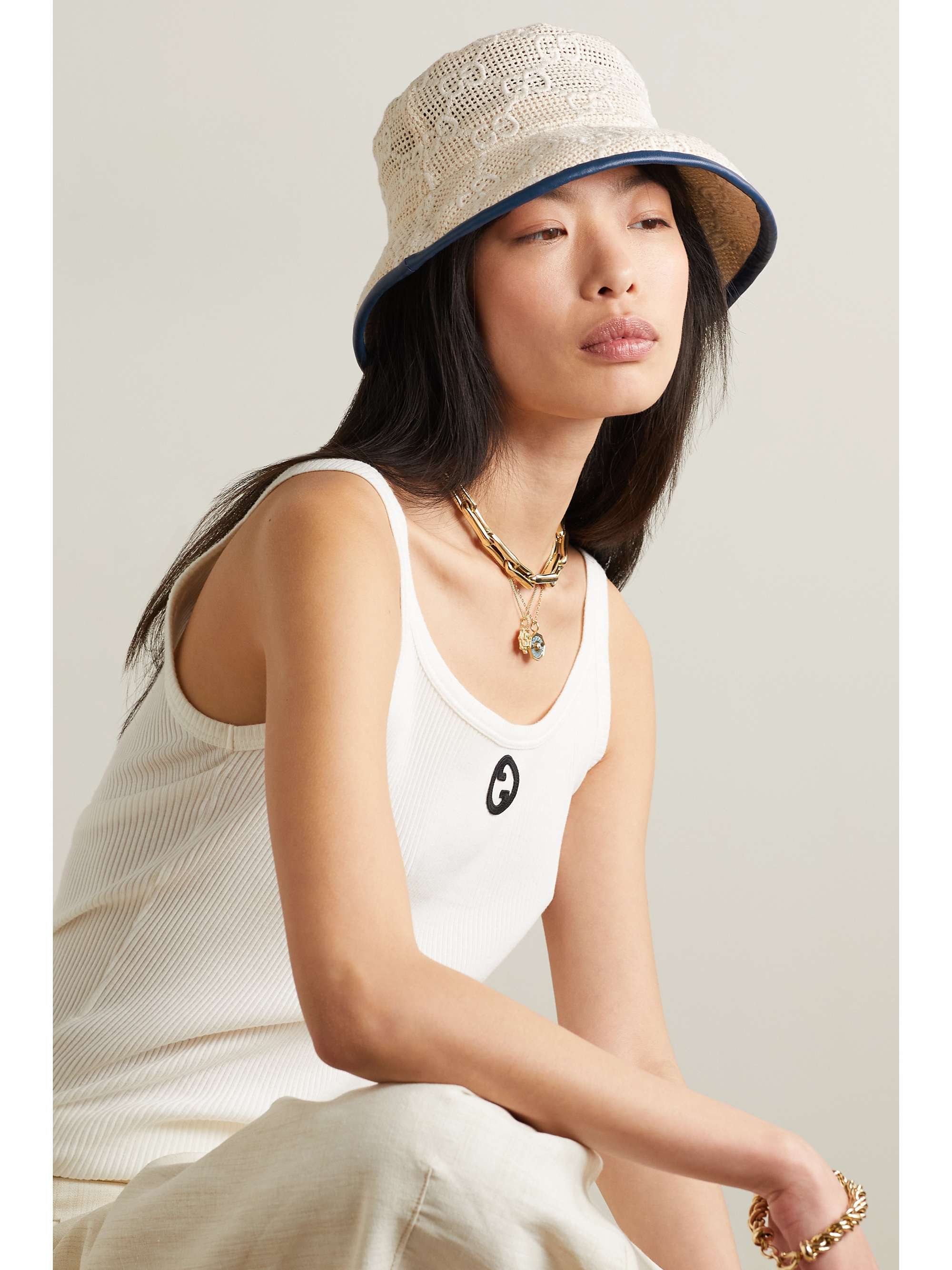 GUCCI Leather-trimmed embroidered cotton-crochet bucket hat