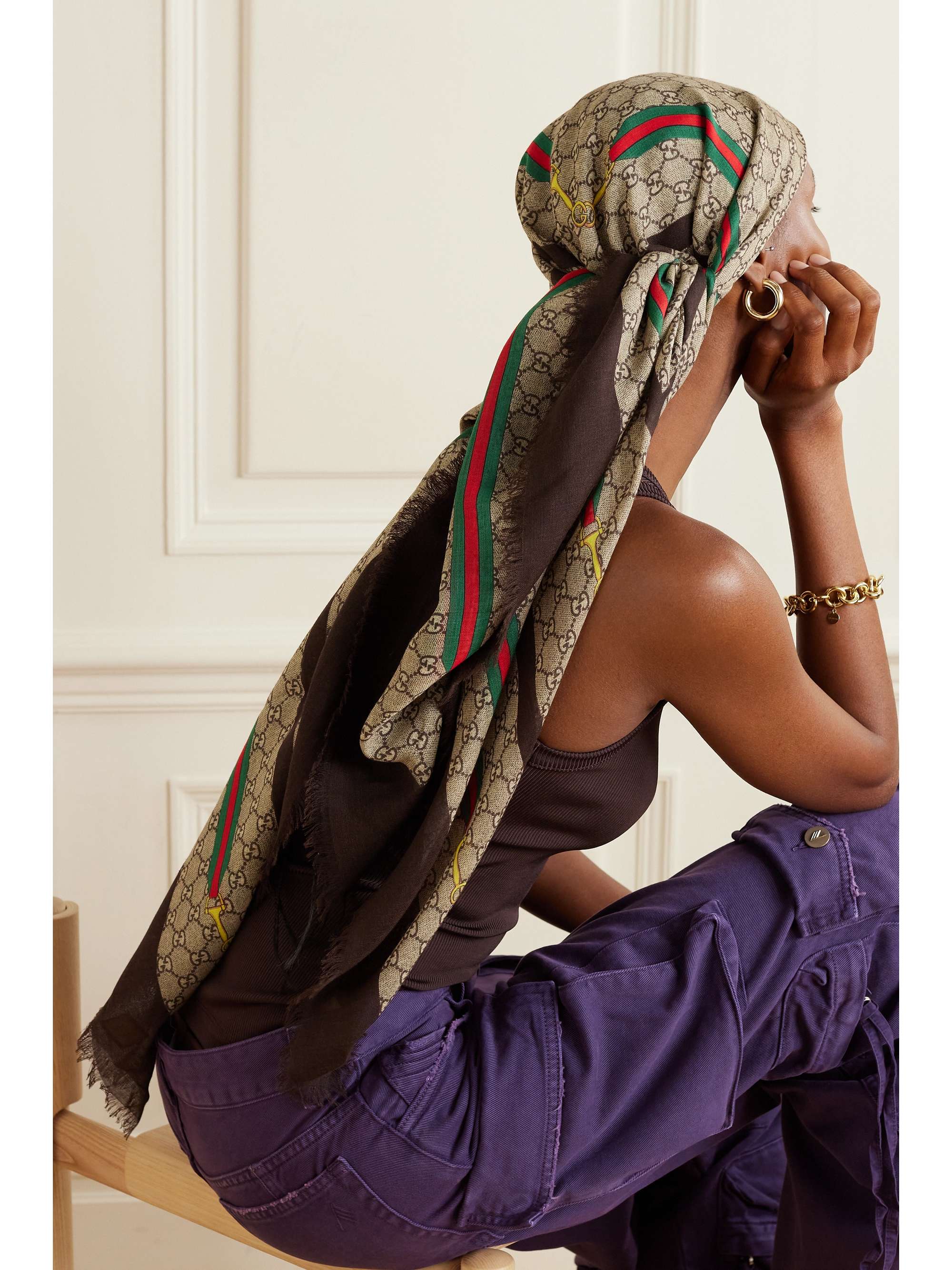 Frayed printed wool and silk-blend scarf