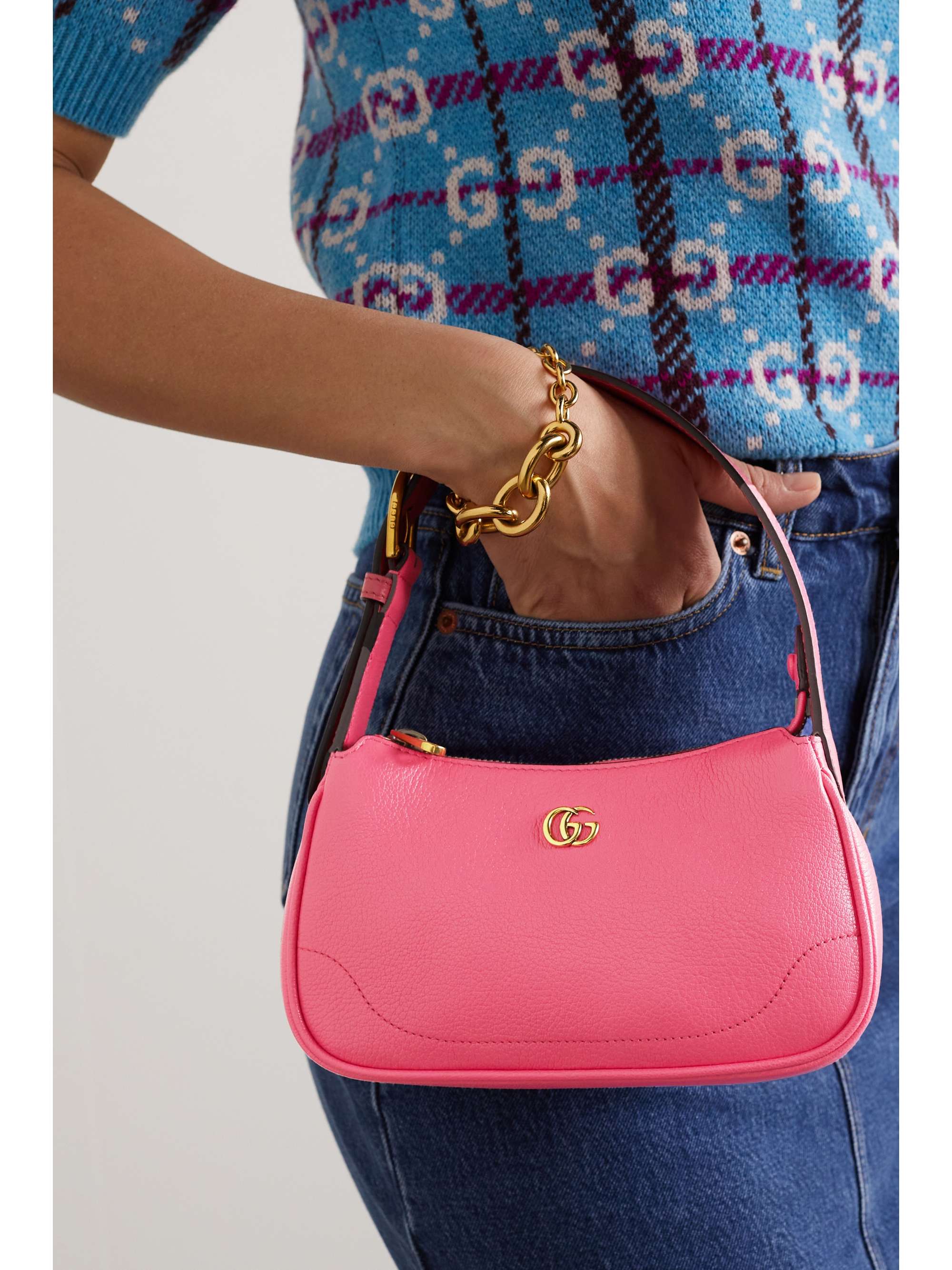 GUCCI Aphrodite embellished textured-leather shoulder bag