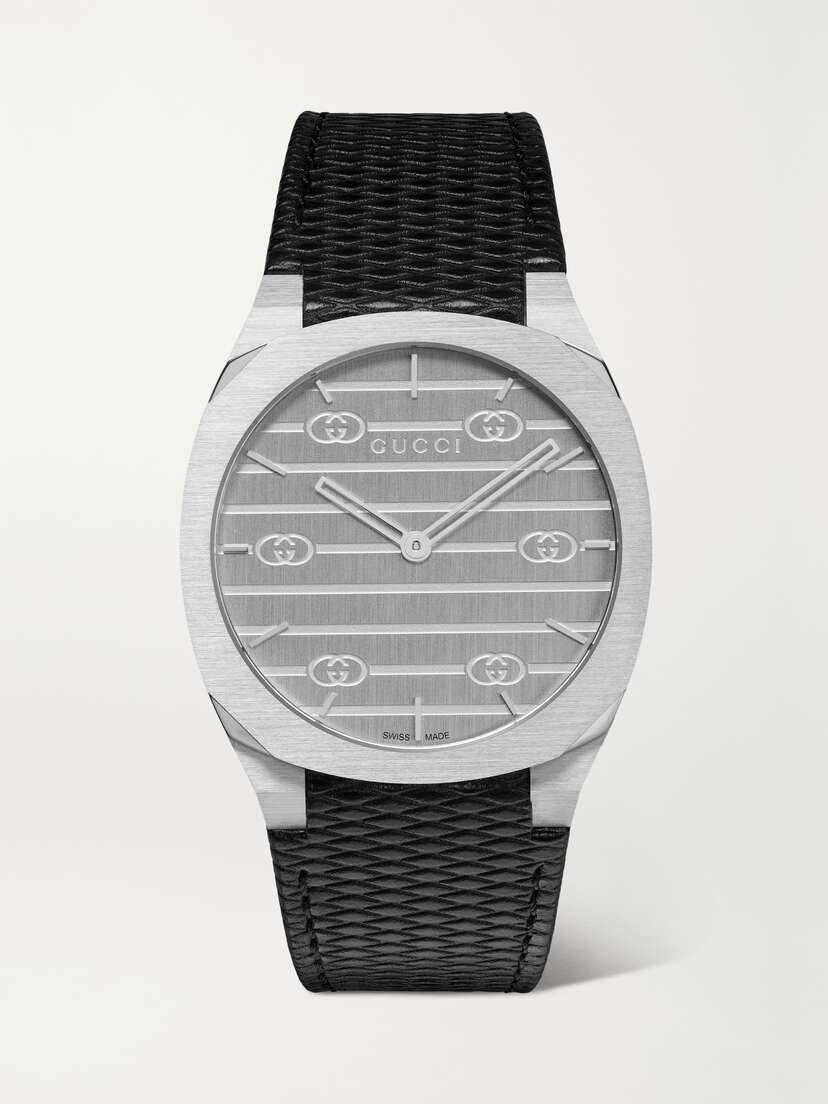 Gucci 25h 38mm Textured-leather And Stainless Steel Watch