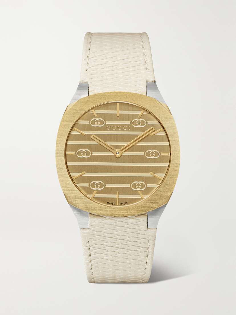 Gucci 25h 34mm Textured-leather, Gold-plated And Stainless Steel Watch