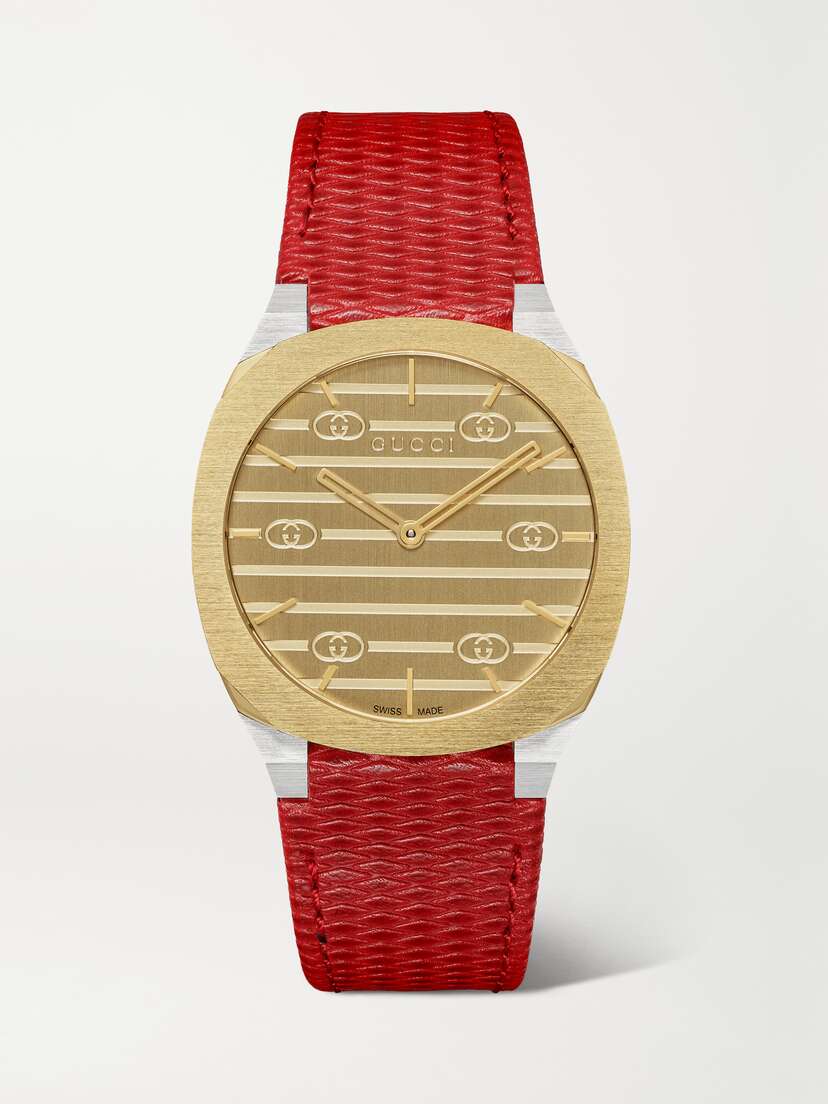 Gucci 25h 34mm Gold-plated, Stainless Steel And Textured-leather Watch