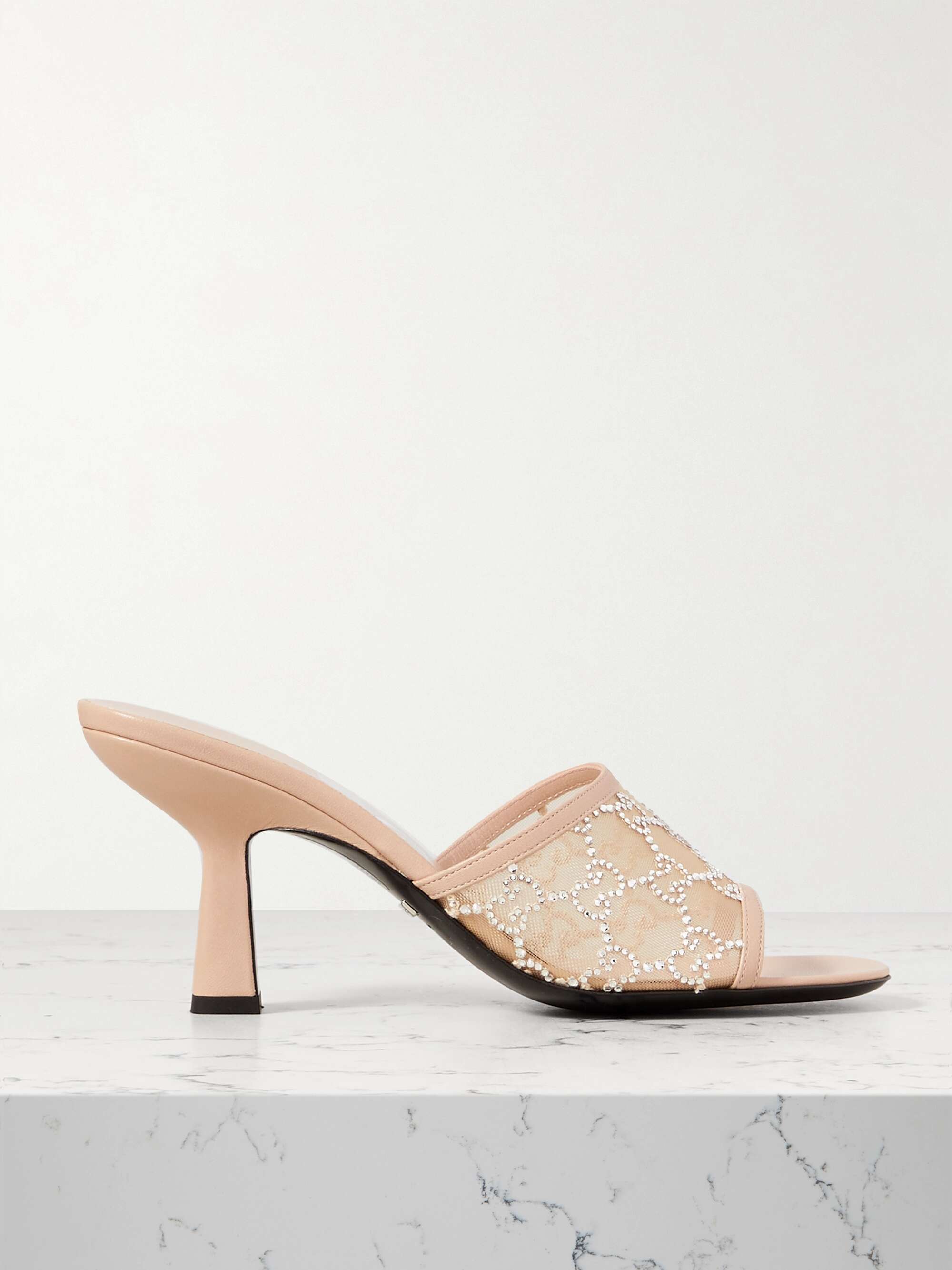 GUCCI Demi leather trimmed crystal embellished mesh mules NET A PORTER
