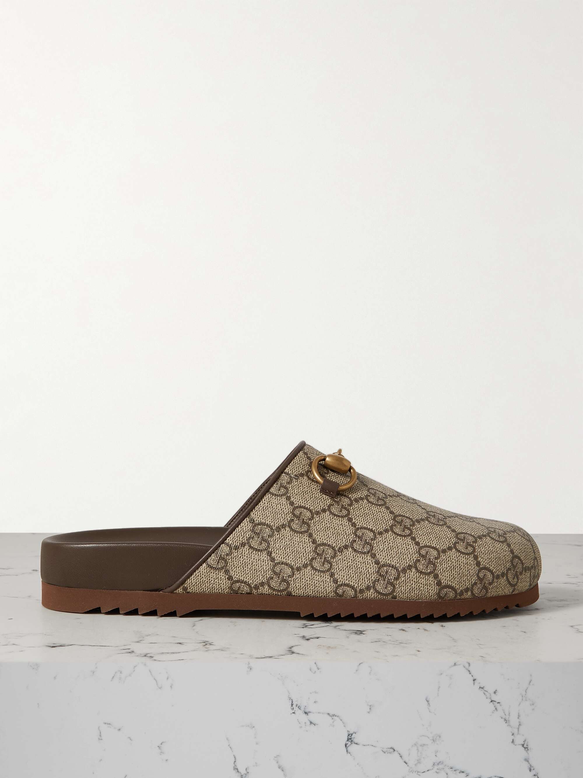 GUCCI Sol embellished leather-trimmed canvas-jacquard slippers | NET-A ...