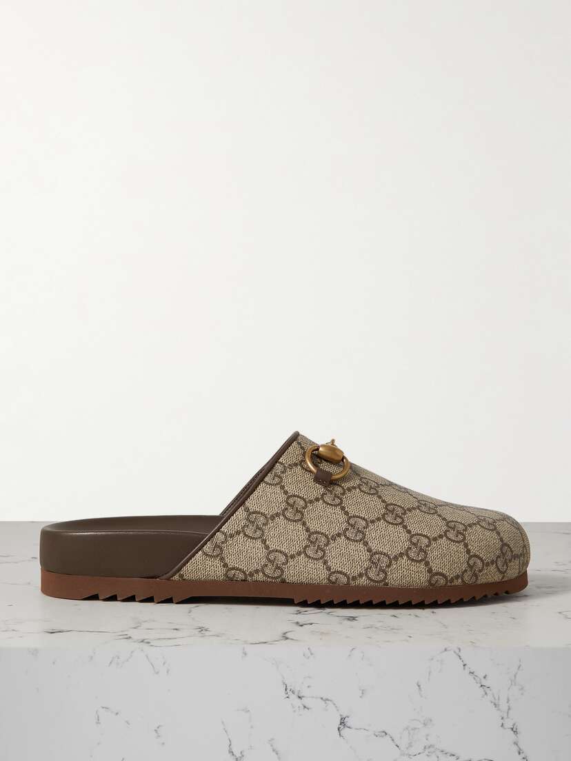 Gucci Sol Embellished Leather-trimmed Canvas-jacquard Slippers