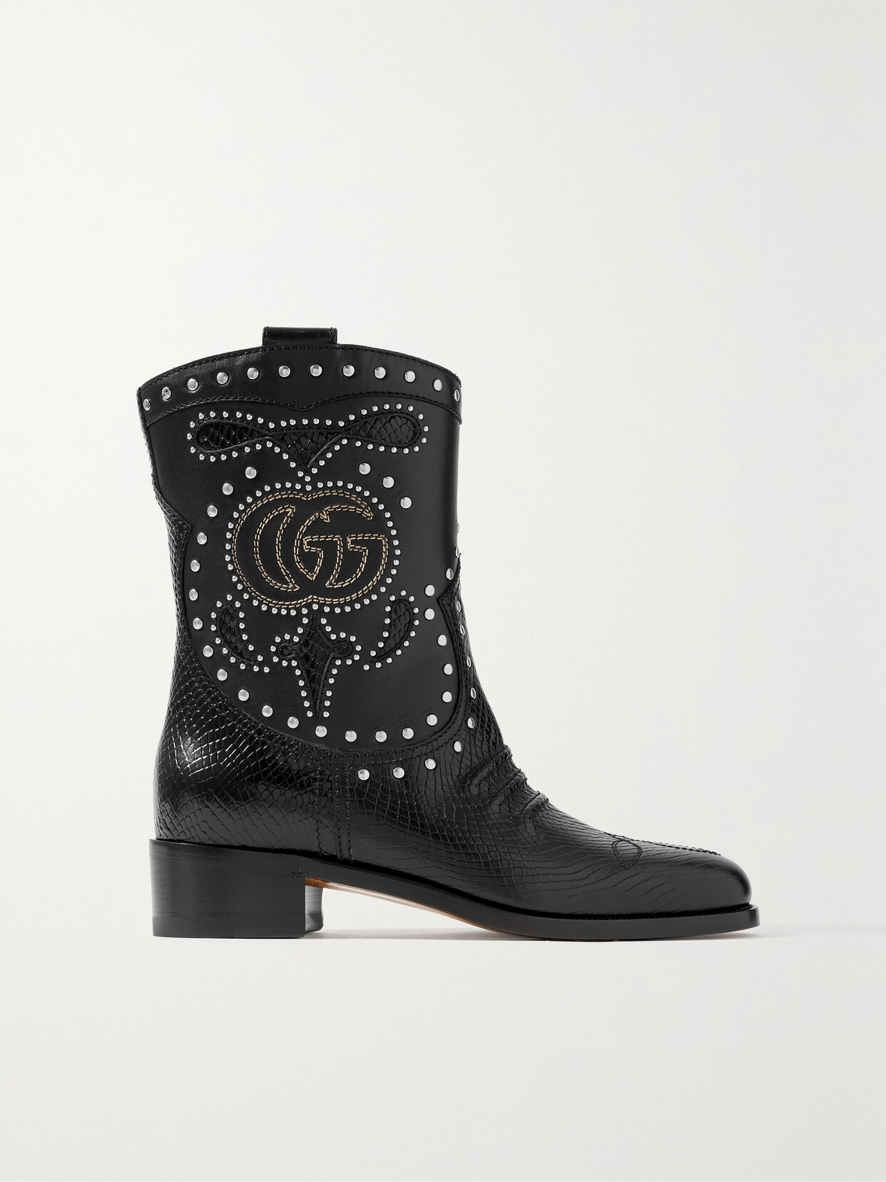 Gucci Delma Studded Embroidered Snake-effect Leather Ankle Boots