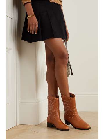 Double G Studded Leather Ankle Boots in Brown - Gucci