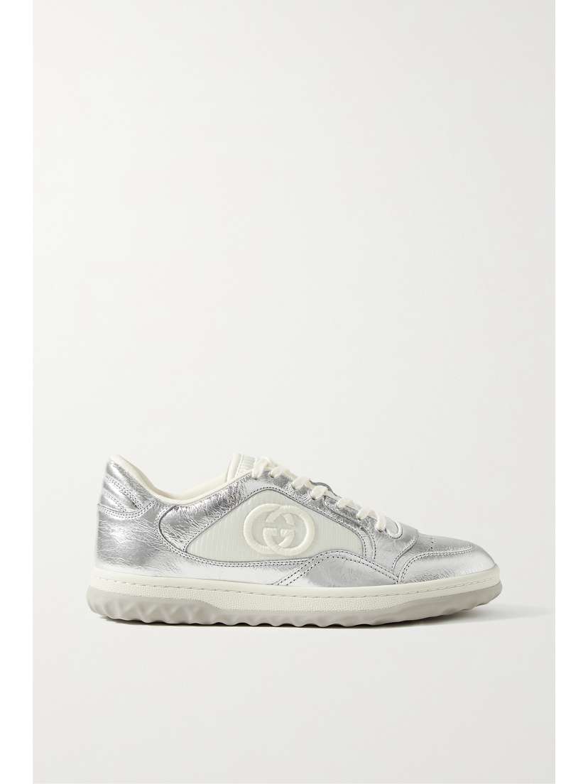 Gucci Mac80 Embroidered Mesh-trimmed Metallic Textured-leather Sneakers
