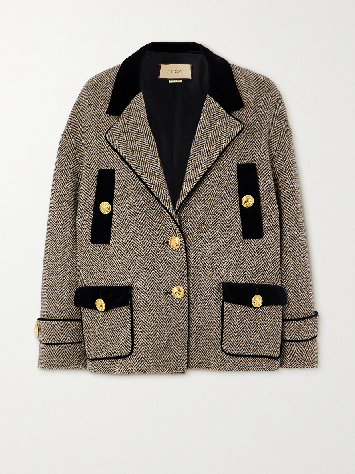 Gucci Caban Stretch-cotton Velvet-trimmed Herringbone Wool-blend Coat