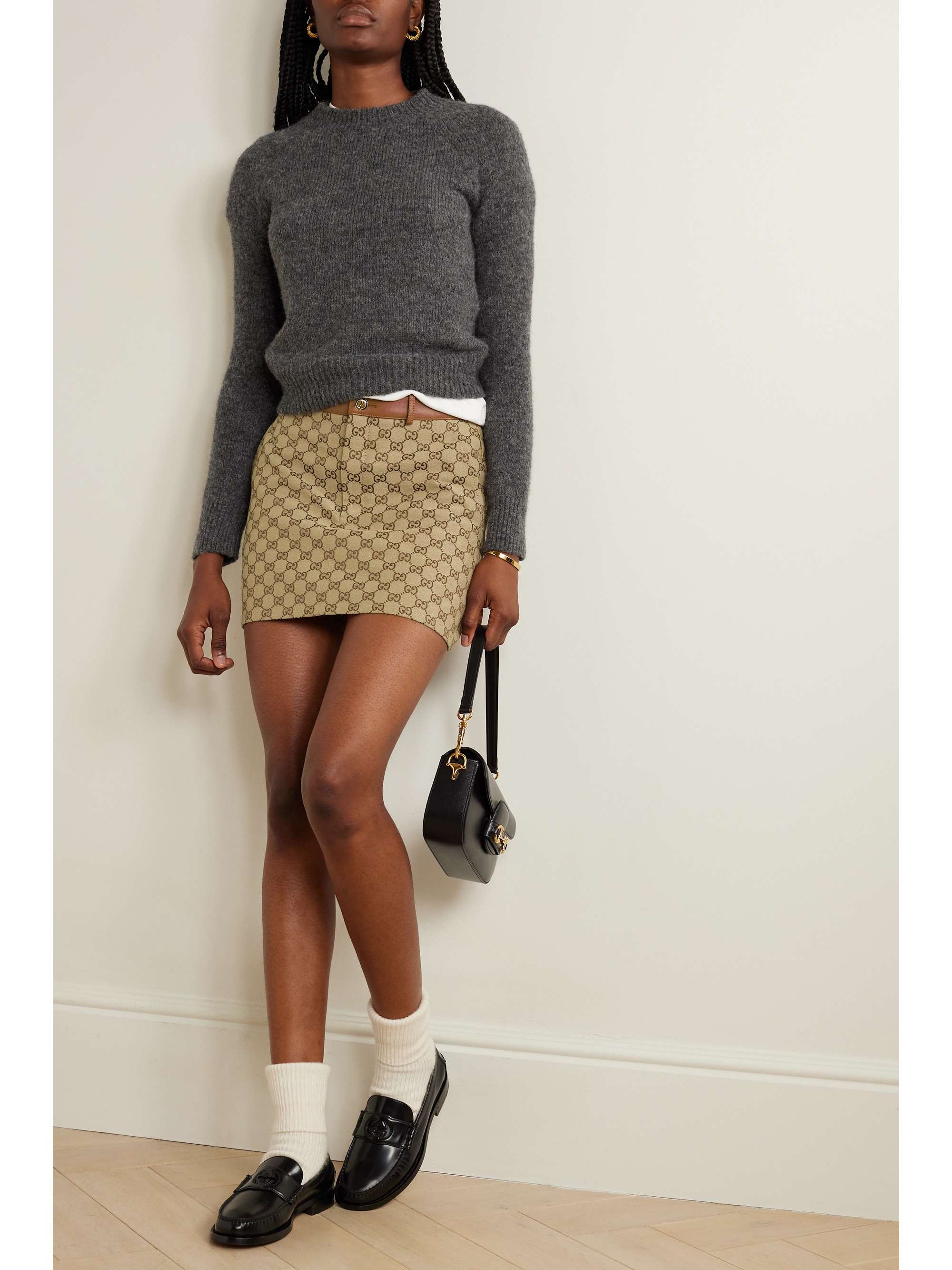 Leather trimmed cotton blend canvas jacquard mini skirt NET A PORTER