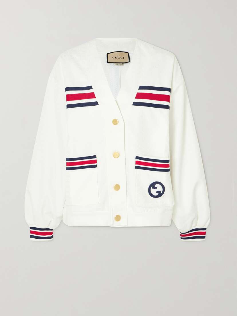 Gucci Appliquéd Webbing-trimmed Jersey-jacquard Cardigan