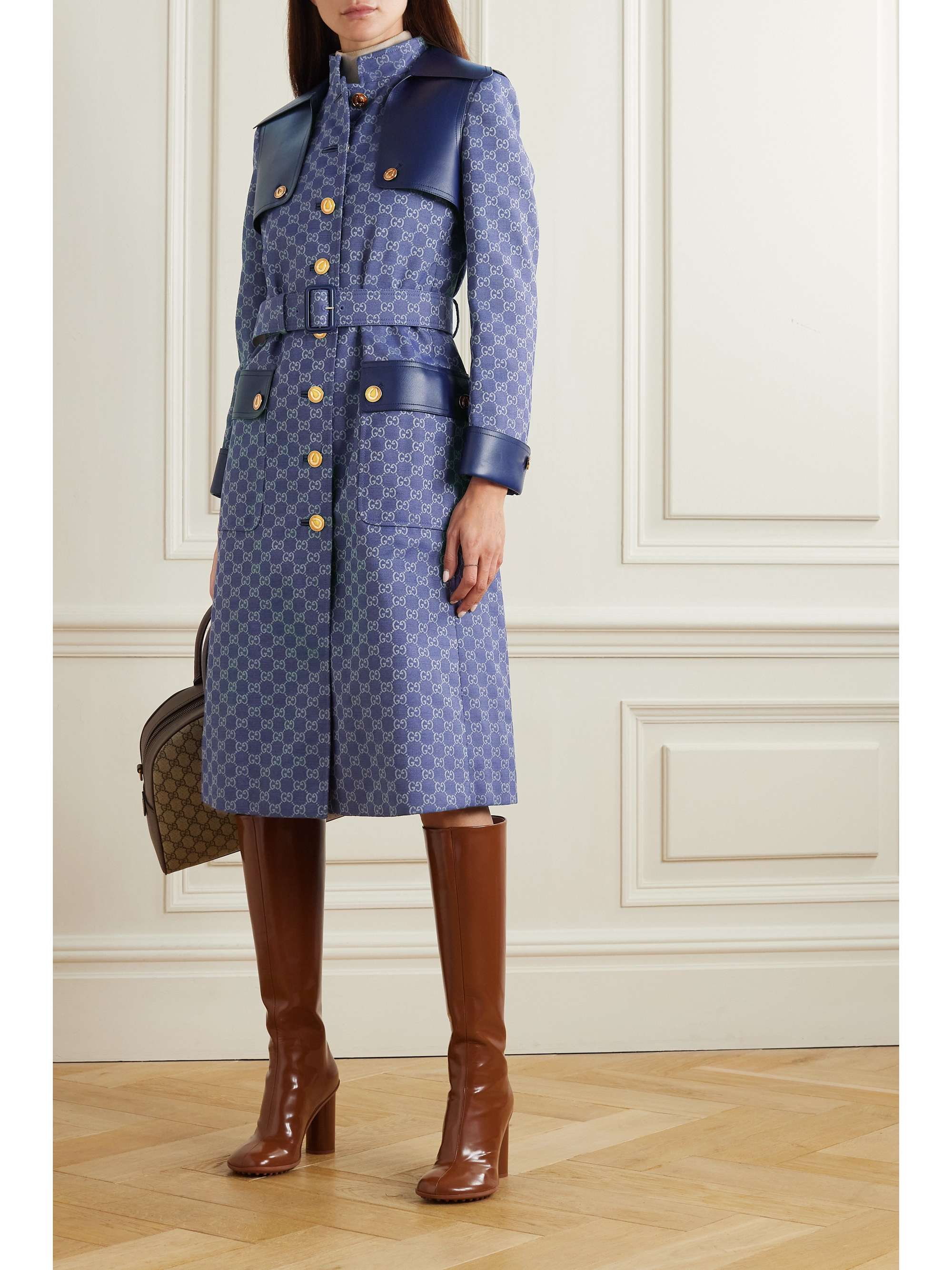 GUCCI Leather-trimmed cotton-blend jacquard coat | NET-A-PORTER