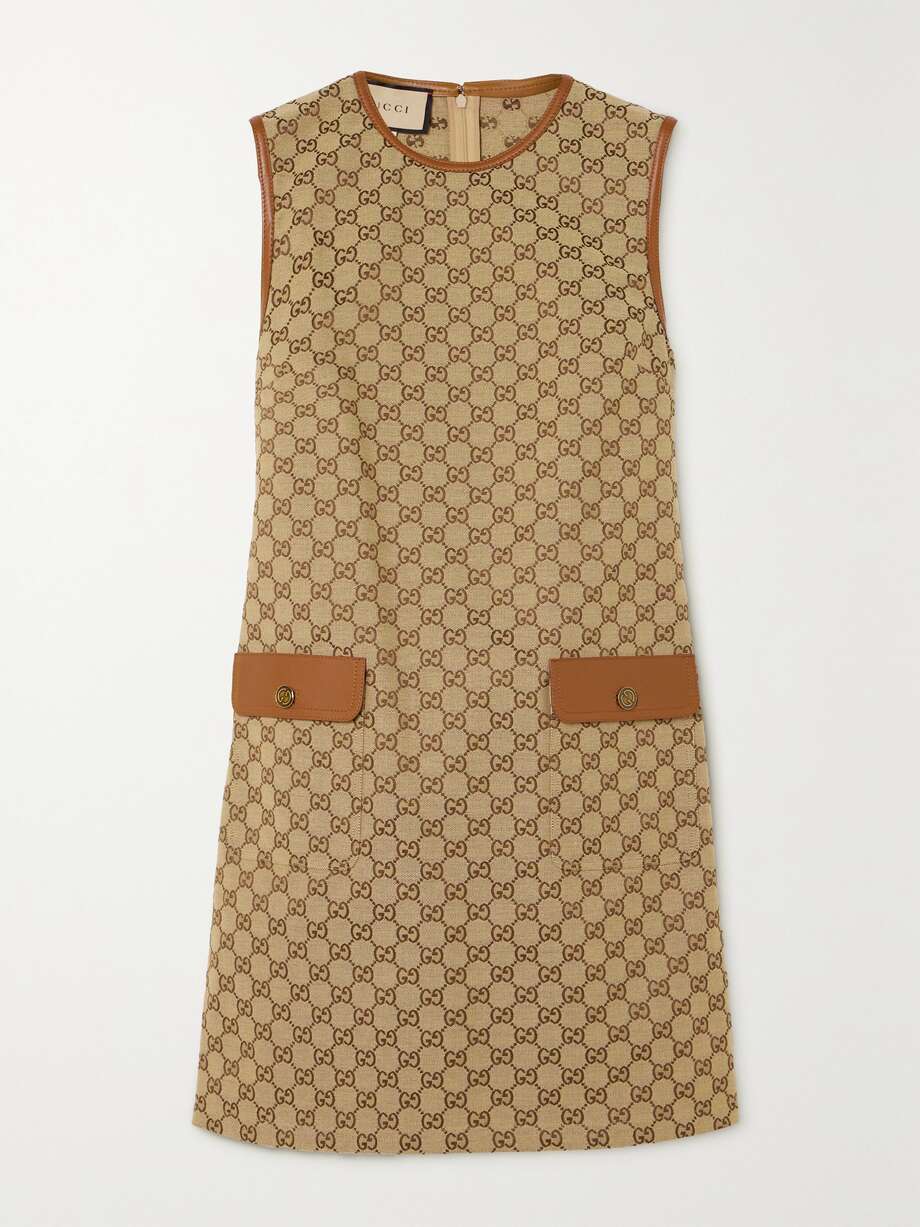 leather-trimmed cotton-blend canvas-jacquard mini dress