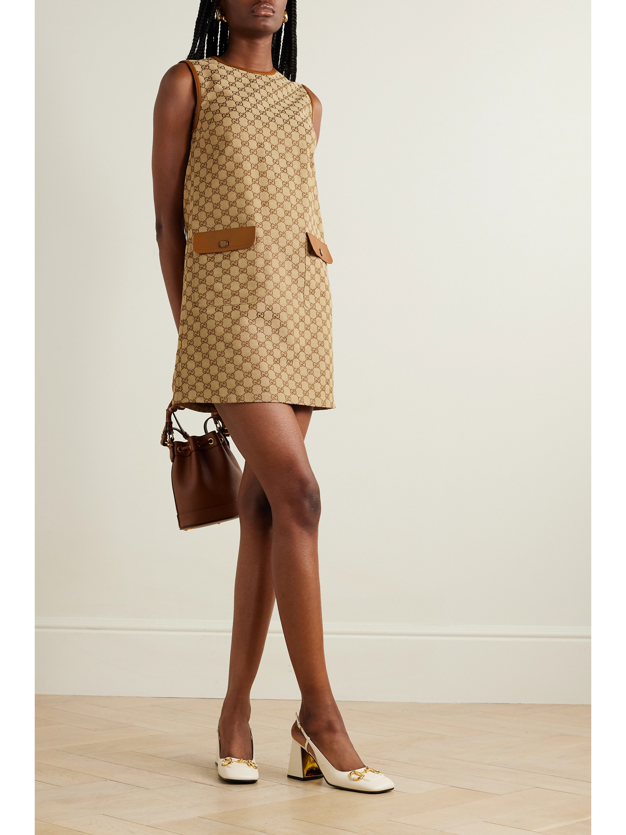 Gucci Leather-trimmed cotton-blend canvas-jacquard mini dress