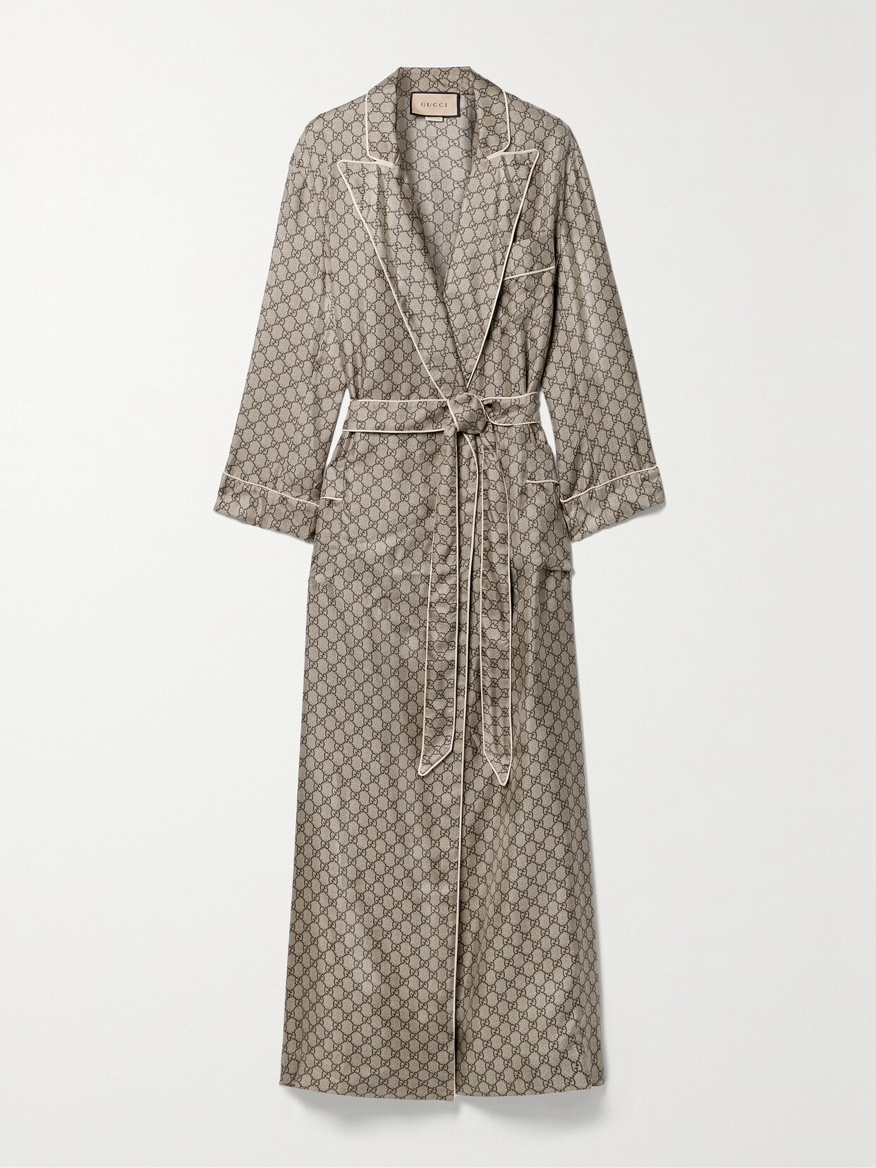 Gucci Belted Silk-satin Jacquard Coat In Grey