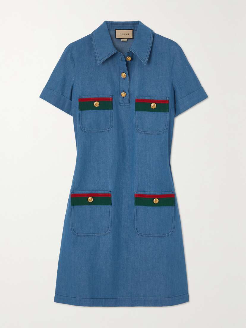 Gucci Webbing-trimmed Embellished Denim Mini Dress